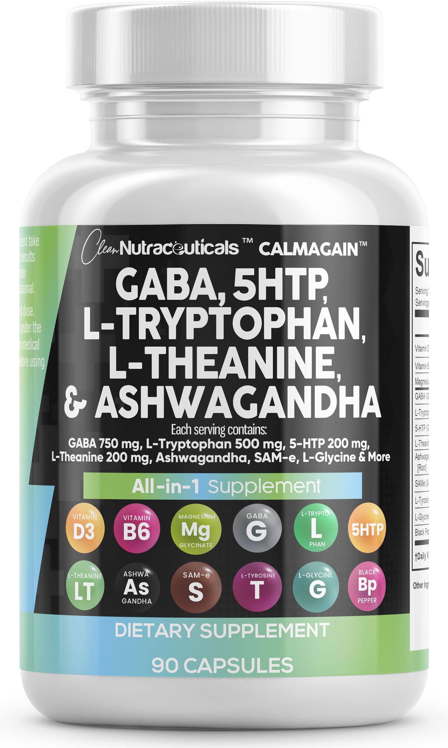 Clean Nutraceuticals GABA 750mg 5 HTP 200mg L Tryptophan 500mg L Theanine 200mg Ashwagandha SAM-e L-Glycine - Mood Support Vitamins for Women and Men with L-Tyrosine 5-HTP