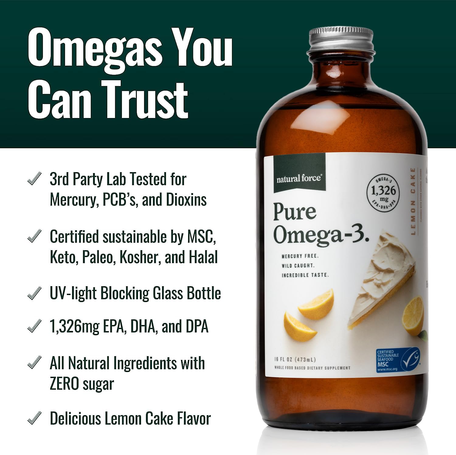 Natural Force Pure Omega 3 - Liquid Fish Oil - Delicious Lemon Cake Flavor - Mercury Free, Wild Caught, Lab Tested - 1,326 mg Triglyceride EPA, DHA, & DPA - 16 Oz Glass Bottle Natural Force Au supplements