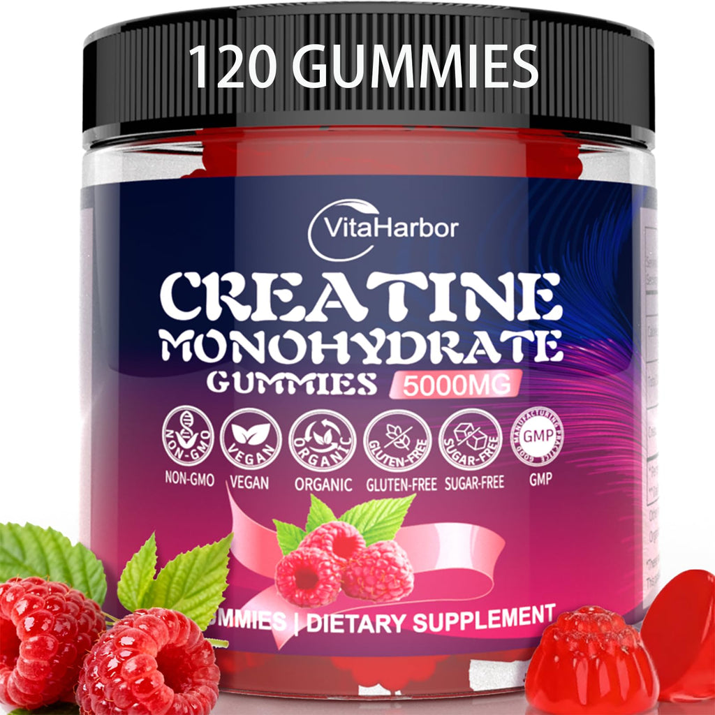 Creatine Monohydrate Gummies 5000mg for Men & Women, Organic Pure Creatine Gummies | Sugar Free,Vegan, Non-GMO,Raspberry Flavor, 120 Count