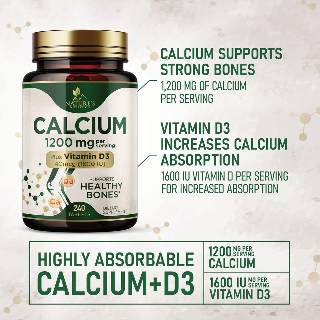 Calcium 1200 mg with Vitamin D3 - Per Serving - Bone Health Supplement - Vitamin D & Calcium Supplements for Women & Men - Bone Strength Support