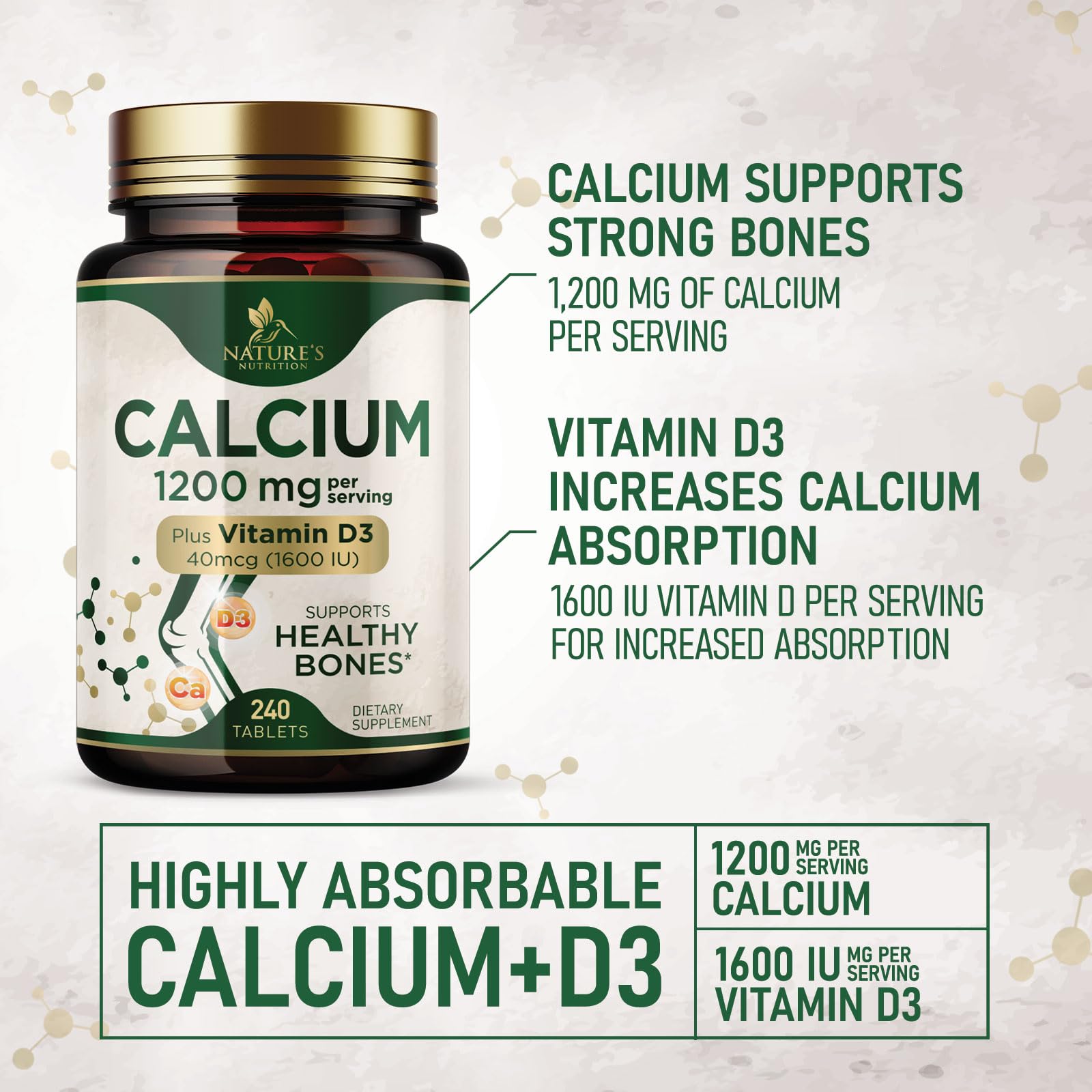 Calcium 1200 mg with Vitamin D3 - Per Serving - Bone Health Supplement - Vitamin D & Calcium Supplements for Women & Men - Bone Strength Support