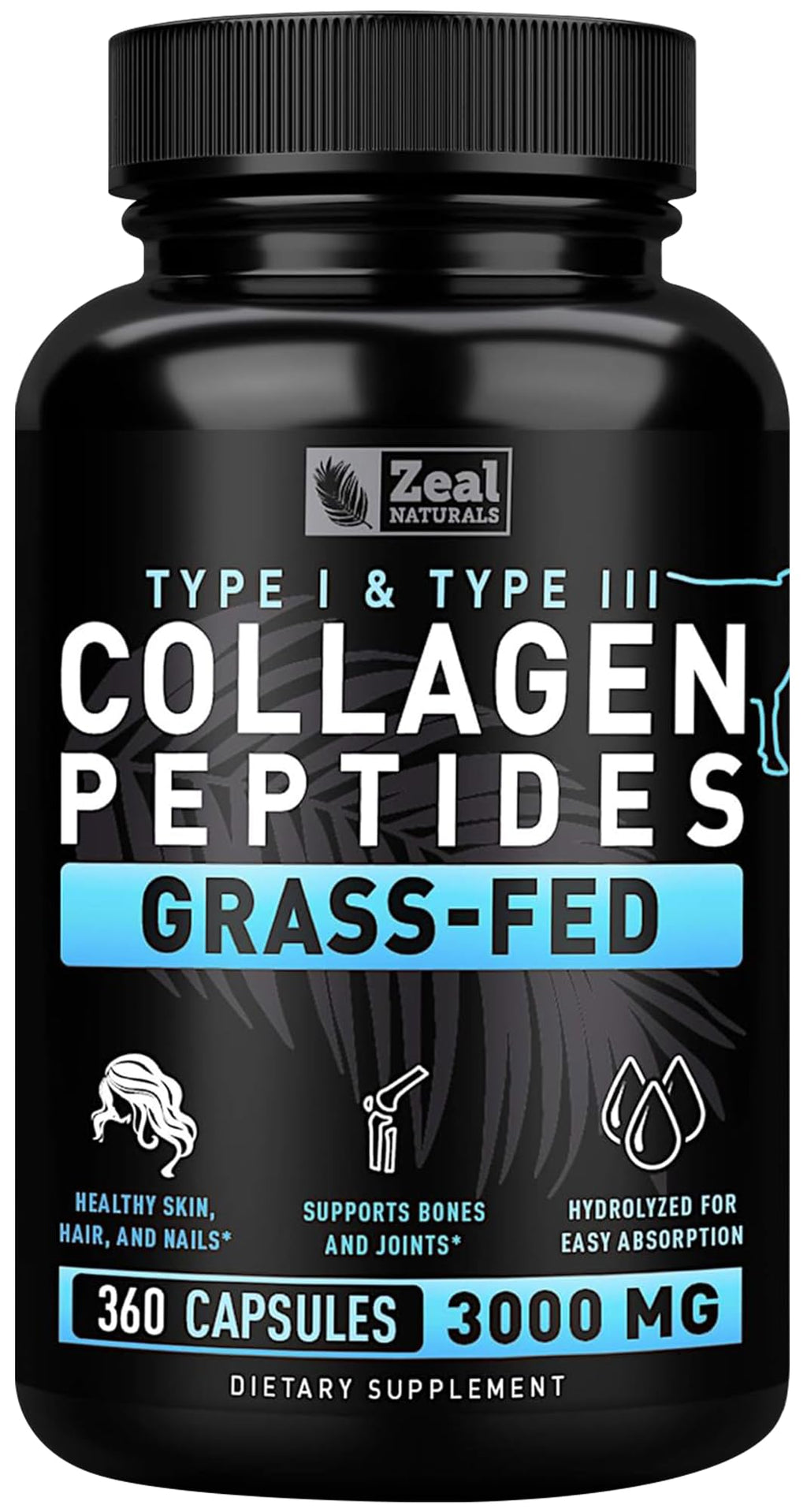 Collagen Peptides Capsules 360 Count - Grass Fed Bovine Hydrolyzed Collagen Pills - Hair, Skin & Nails, Joint Support - Collagen Supplements for Women & Men