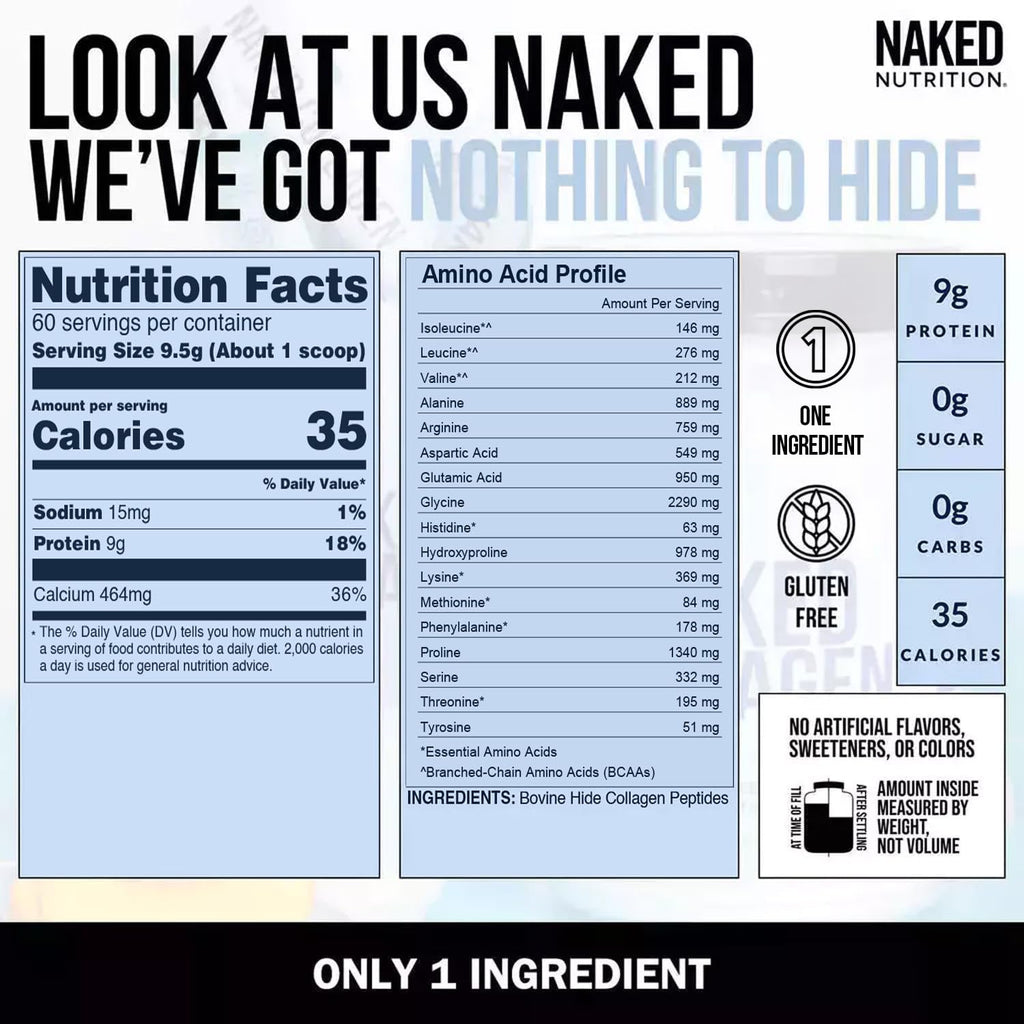 NAKED Collagen Peptides Protein Powder, 60 Servings, Pasture-Raised, Unflavored Grass-Fed Hydrolyzed Collagen Supplement, NSF Certified