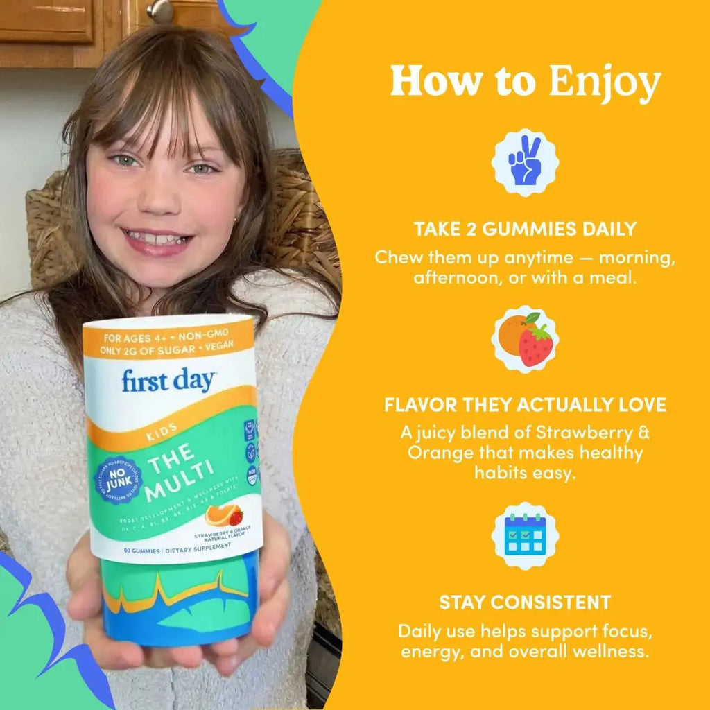 First Day Kids Multivitamin Gummies Age 4+, Strawberry & Orange - Kids Vitamins Multivitamin Gummy A C D3 K2 B1 B2 B6 B12 Folate, Immunity & Brain Function FIRST DAY Au supplements