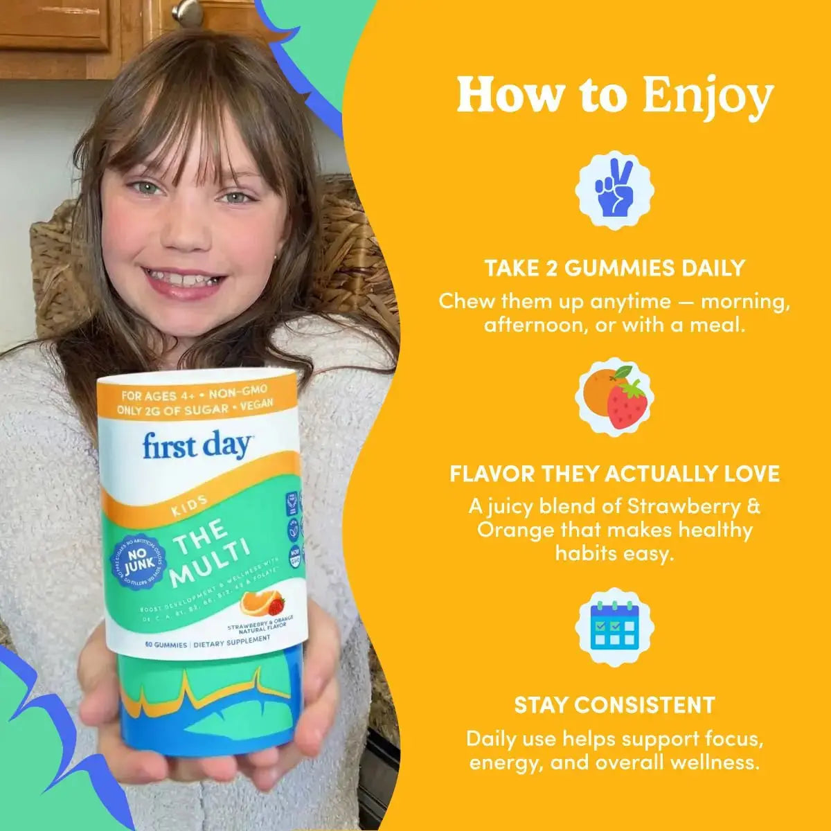 First Day Kids Multivitamin Gummies Age 4+, Strawberry & Orange - Kids Vitamins Multivitamin Gummy A C D3 K2 B1 B2 B6 B12 Folate, Immunity & Brain Function FIRST DAY Au supplements