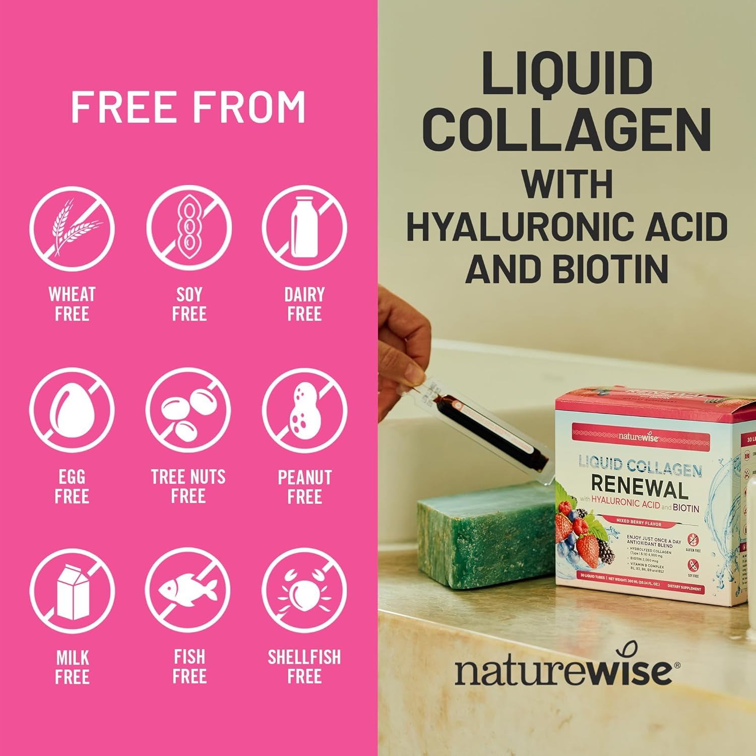 NatureWise Hydrolyzed Liquid Collagen for Women & Men 4000mg - High Absorption, Type 1 & 3 Peptides with Biotin + Vitamin C + Vitamin B Complex & Hyaluronic Acid