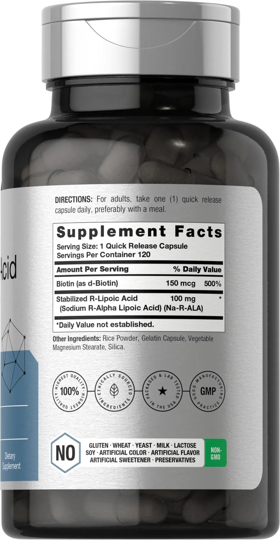 R-Lipoic Acid 100 mg | 120 Capsules | with Biotin Optimizer | Non-GMO, Gluten Free Horbäach Au supplements