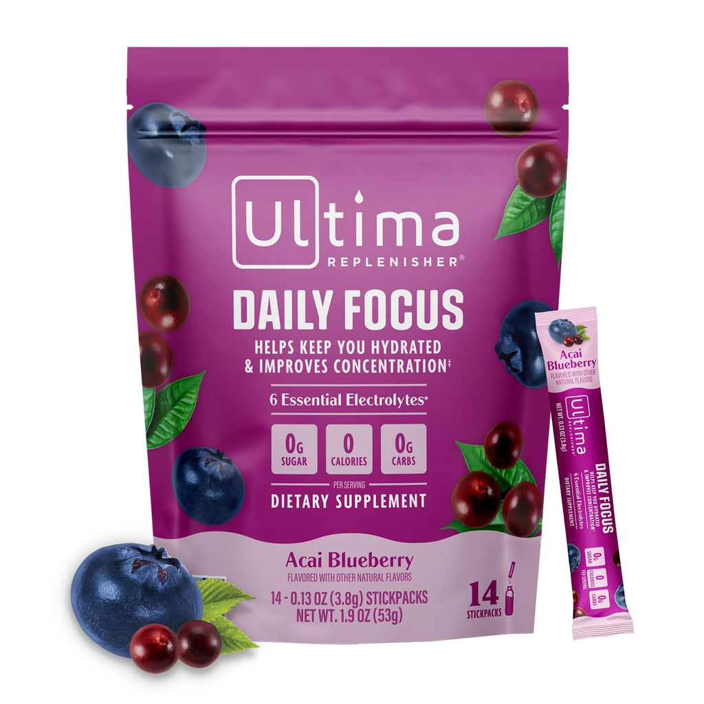 Ultima Replenisher Daily Focus Supplement & Electrolytes Powder - Acai Blueberry, 14 Stickpacks - Hydration Packets, 60mg Caffeine from Green Tea Extract & L-Theanine