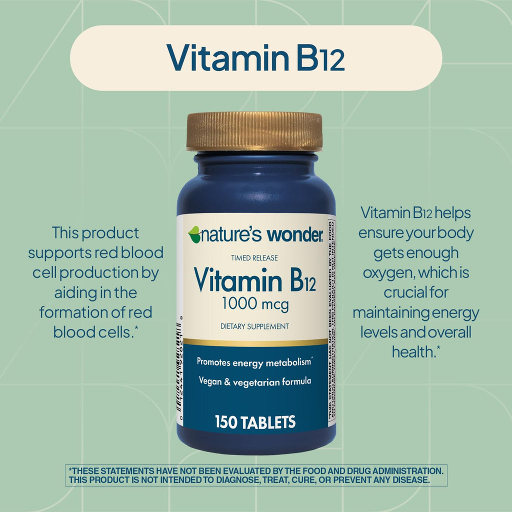 Nature's Wonder Vitamin B12 1000 mcg Timed Release Tablets for Energy Metabolism, Supports Brain Health and Nervous System Health