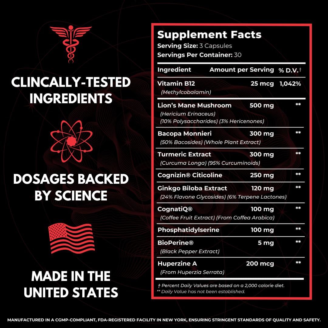 All-Natural Brain Supplement for Memory and Focus - Caffeine-Free Long-Term Cognitive Support - 10 Nootropic Ingredients Including Lion’s Mane, Bacopa, Turmeric, Ginkgo & Huperzine A - 90 Capsules