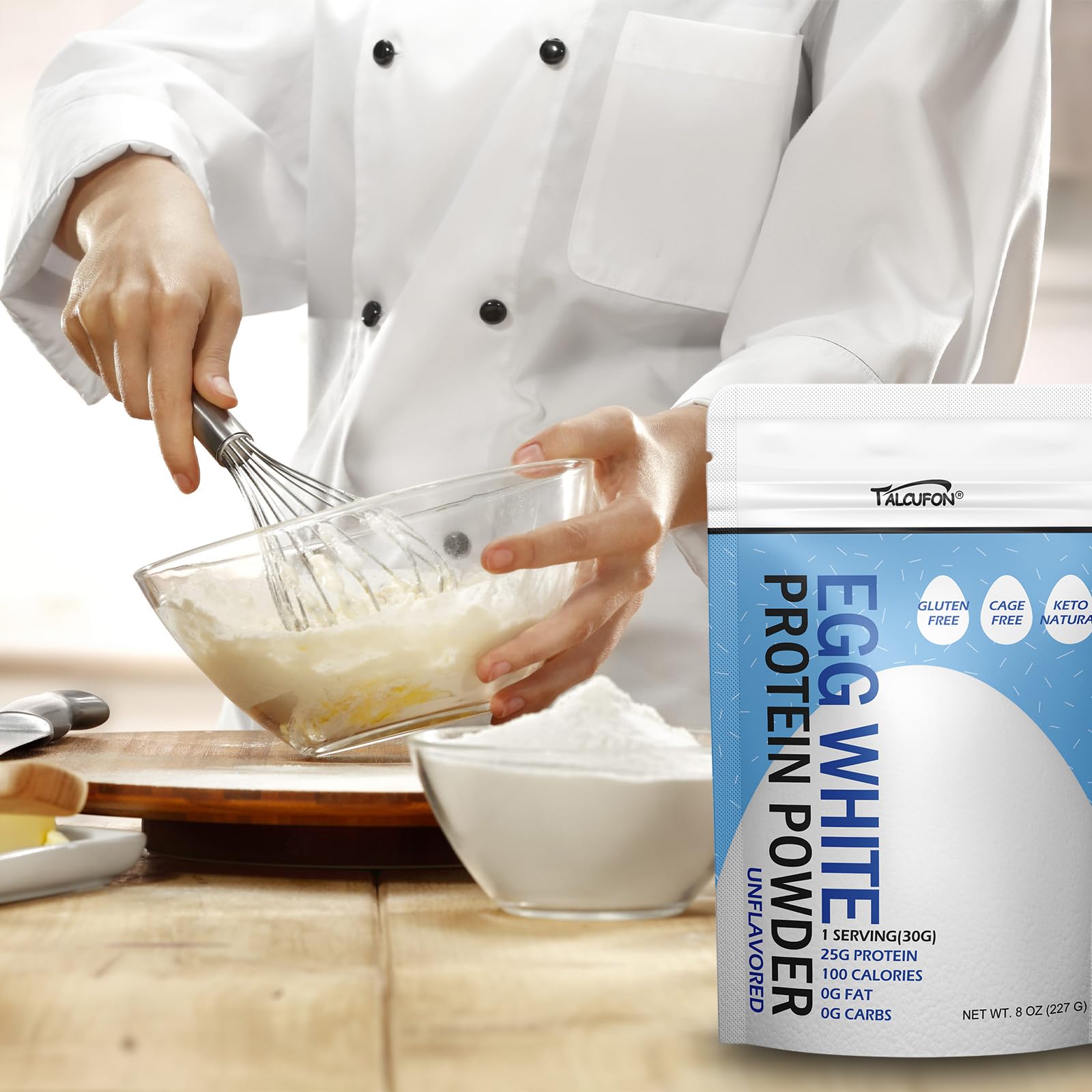 Talcufon Egg White Protein Powder 8 Oz Pasteurized No Additives, High Protein, Gluten-Free Ideal for Baking and Cooking, Unflavored 227G