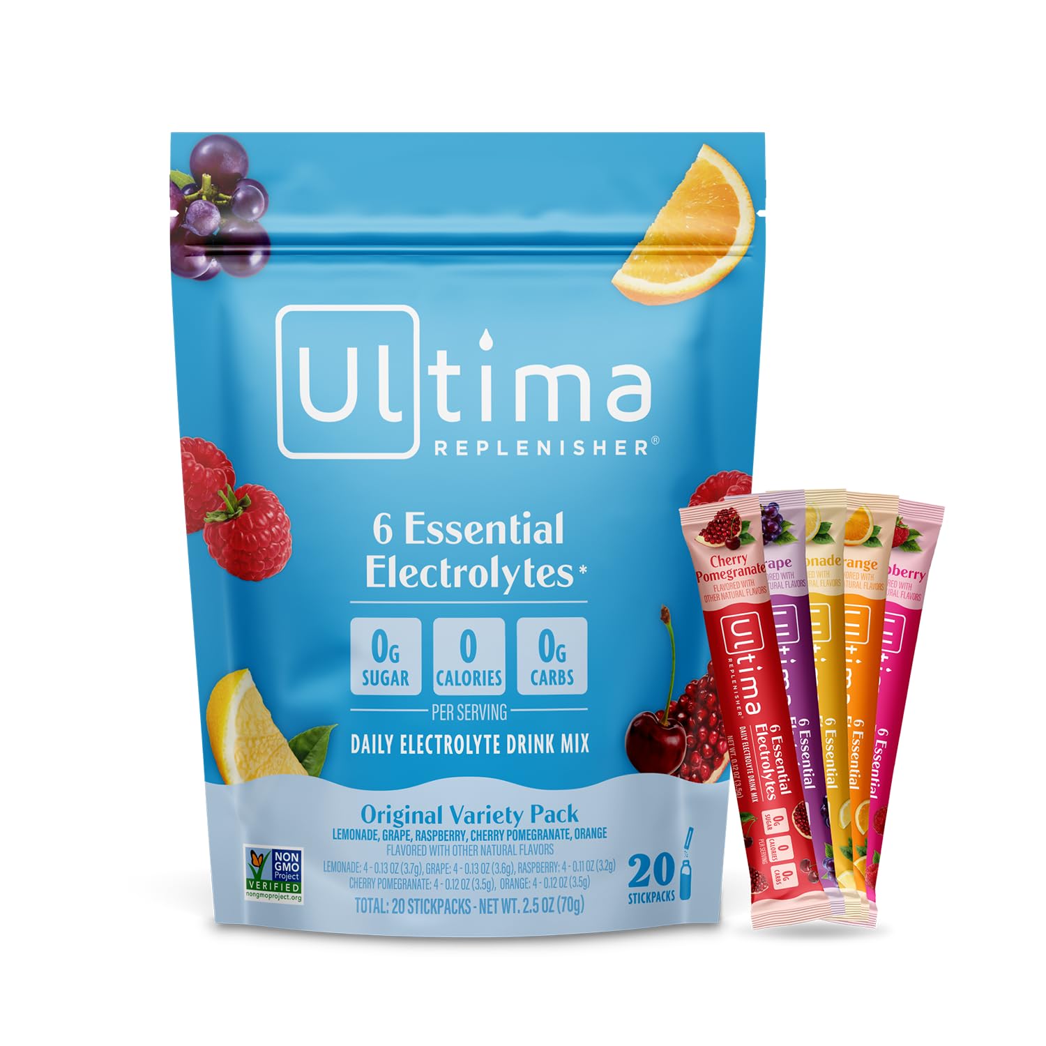Ultima Replenisher Daily Electrolyte Powder – Original Variety Pack, 20 Stickpacks – Zero Sugar Hydration Packets with 6 Electrolytes and Minerals – Sugar Free
