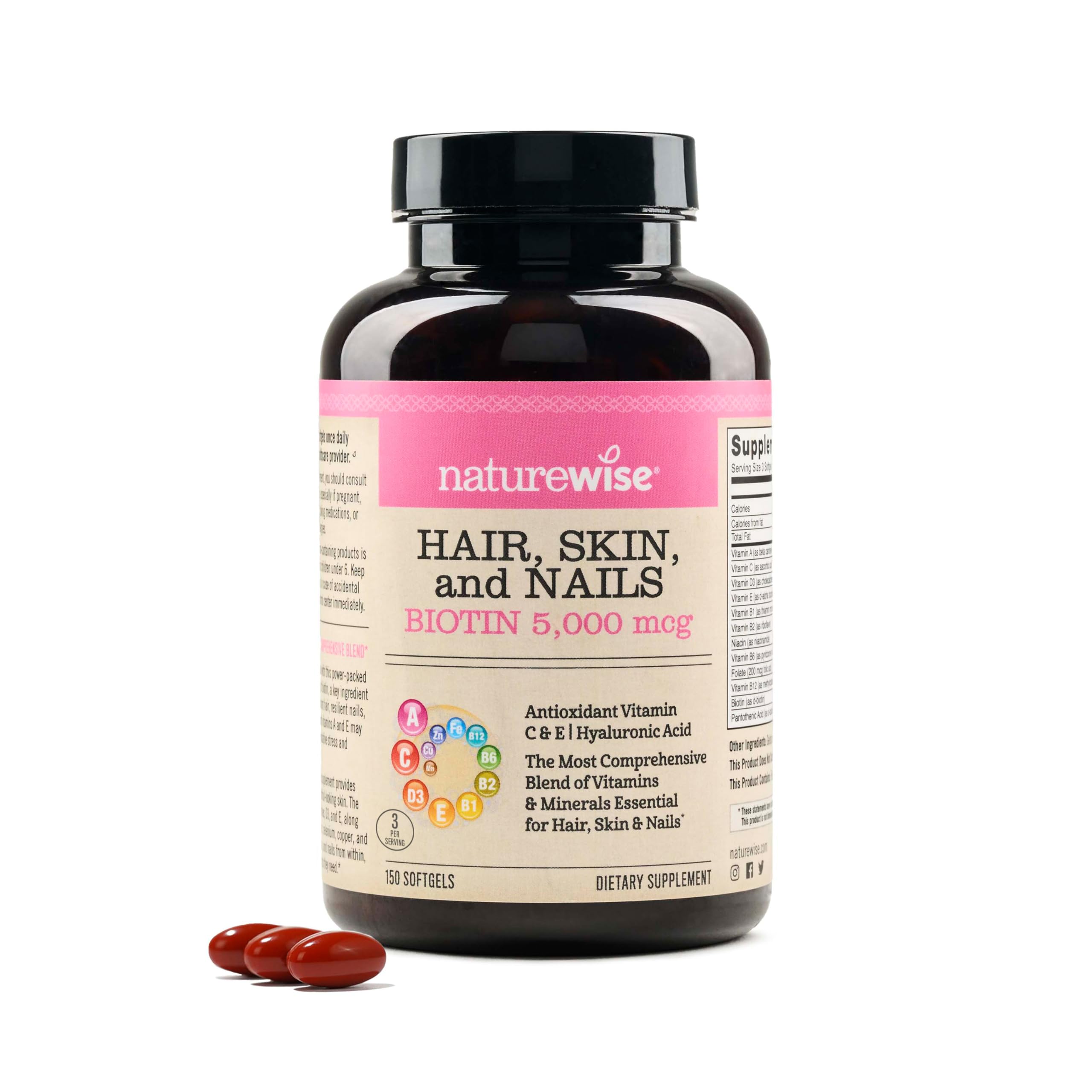 NatureWise Hair Skin and Nails Vitamin, Biotin 5000mcg w/Hyaluronic Acid, Collagen for Women with C, B Complex, D3, A, E, Iron