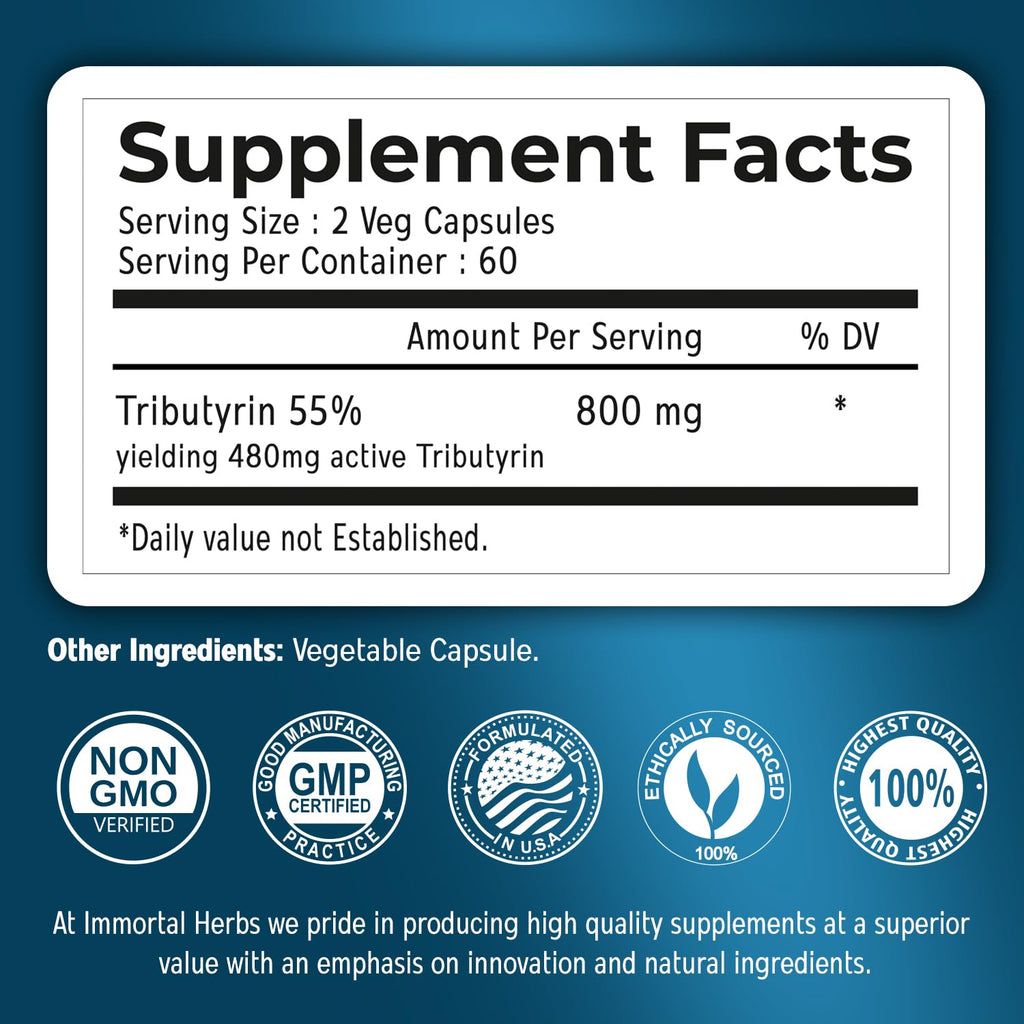 Immortal Herbs Tributyrin Supplement 800mg, Advanced Butyrate Form, 55% Standardized, More Effective Delivery Than Sodium Butyrate, 120 Capsules, Non-GMO & Gluten Free Postbiotic Supplement Immortal Herbs Au supplements