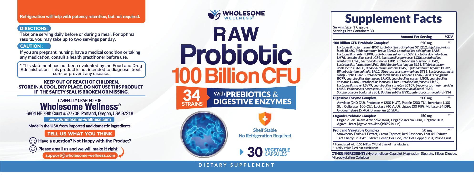 Wholesome Wellness Organic Raw Probiotics 100 Billion CFU, Dr Formulated for Women and Men, Complete Adult Supplement with Prebiotics
