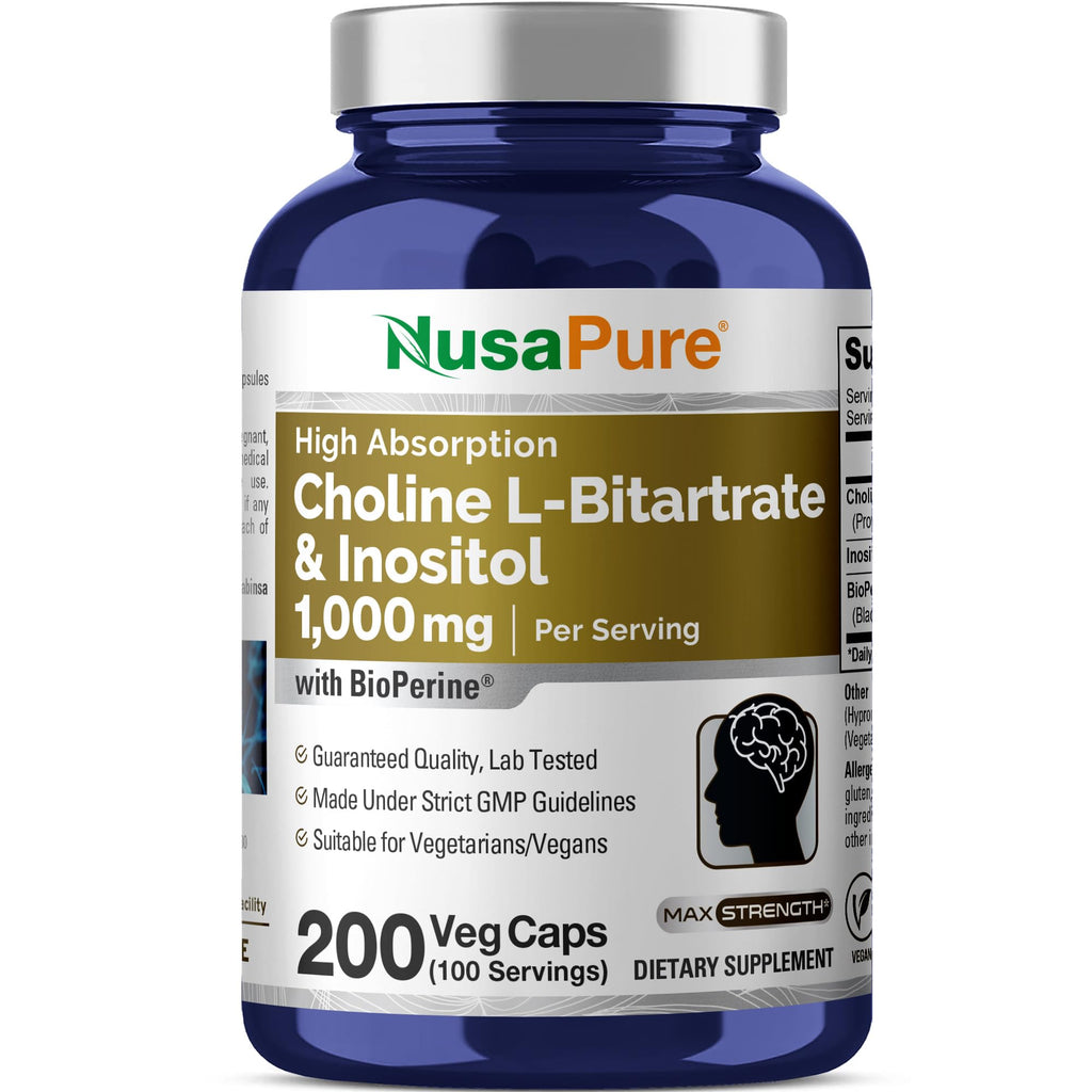 NusaPure Choline & Inositol - Suitable for Vegetarian/Vegan, Non - GMO - 1000mg - 200 Veggie Capsules NusaPure Au supplements