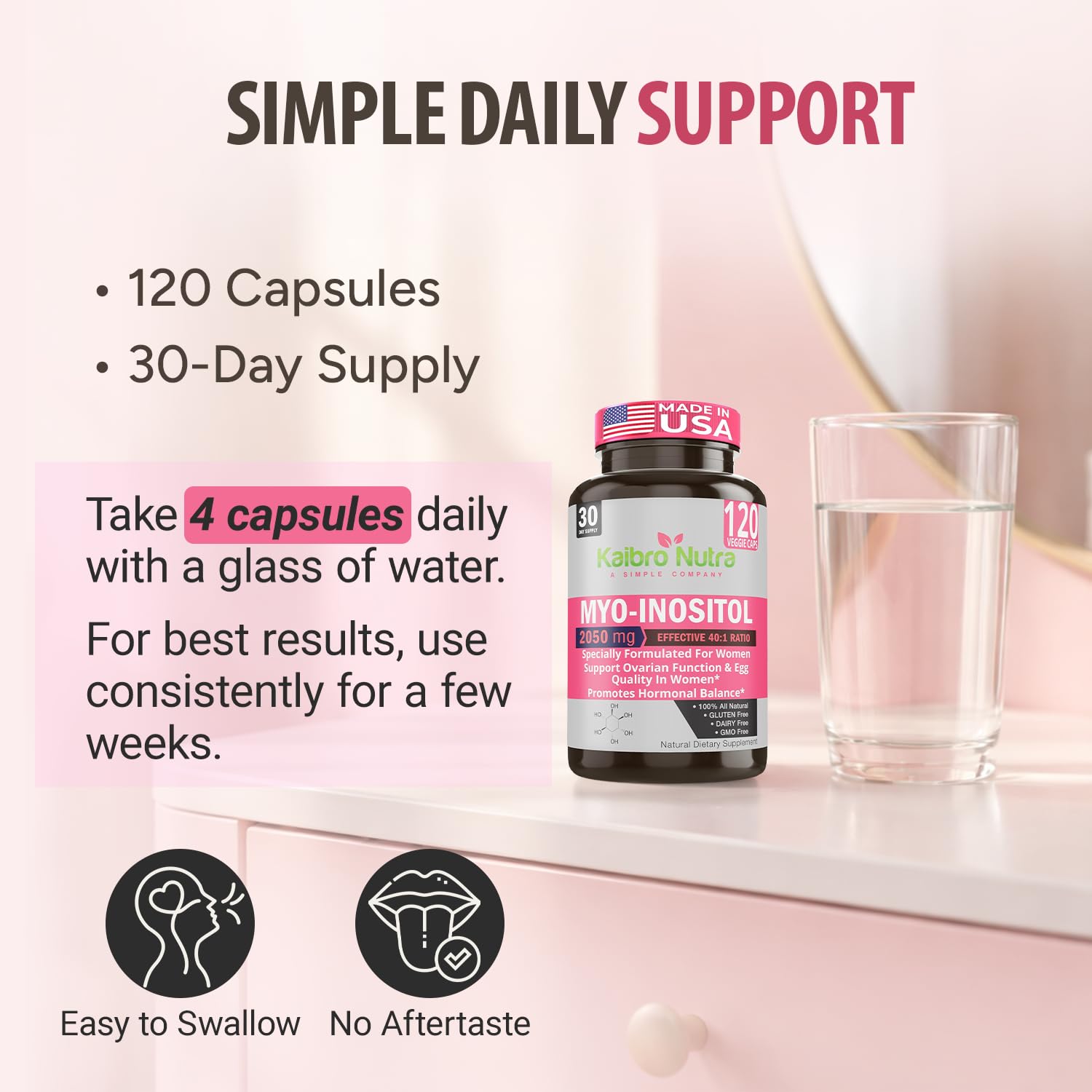 Kaibro Nutra Myo-Inositol Supplement, Myo-Inositol & D-Chiro Inositol 40:1 Ratio, Hormone Balance & Ovarian Support for Women with Vitamin B8, 2050mg, Vegan, Non-GMO Capsules 120 Count Kaibro Nutra Au supplements