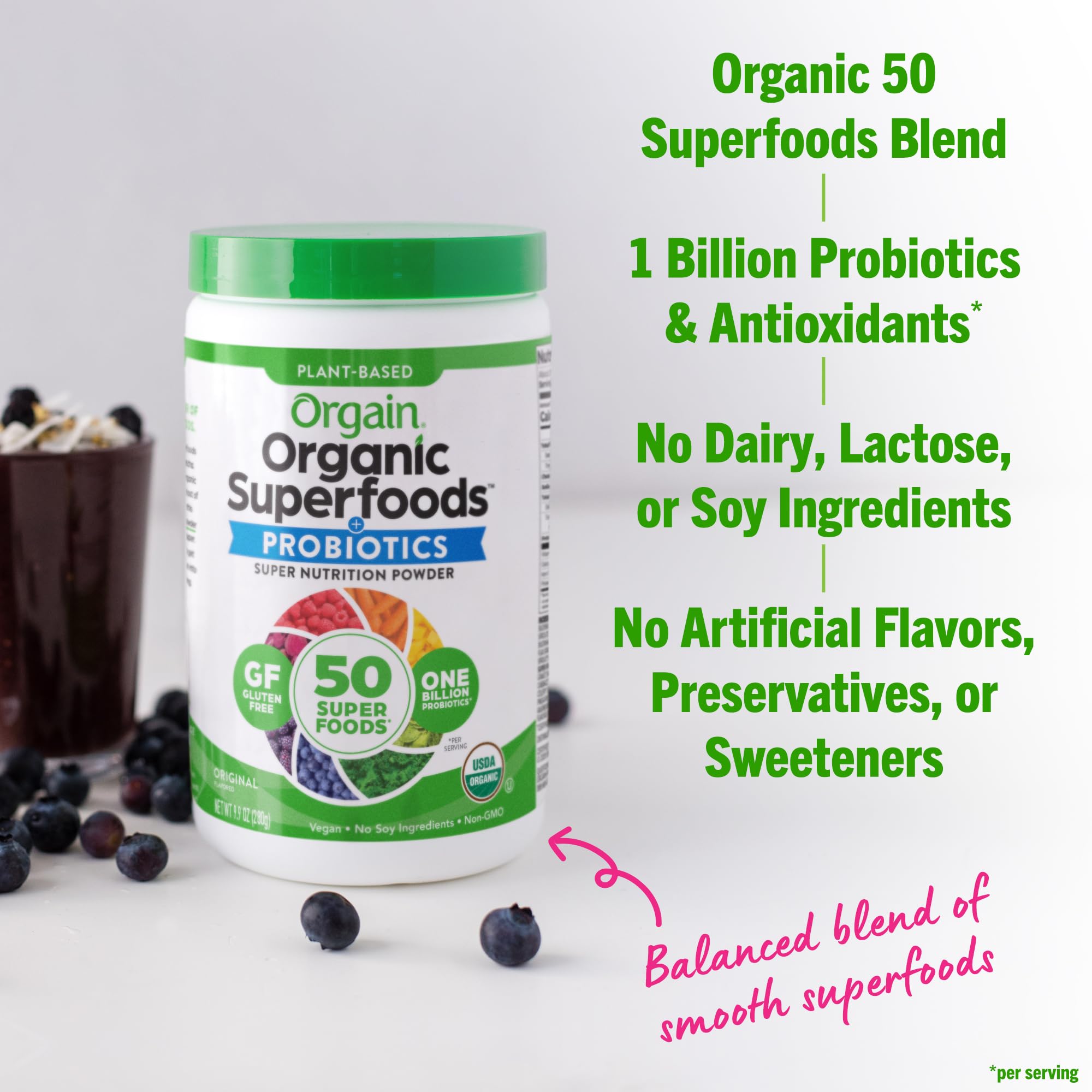 Orgain Organic Greens Powder + 50 Superfoods, Original - 1 Billion Probiotics for Digestive Health, Antioxidants, Vegan, Plant-Based, Gluten-Free, Non-GMO