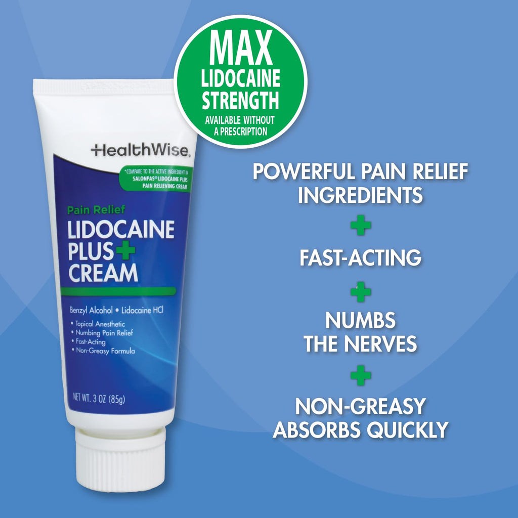 HealthWise Lidocaine Plus+ Cream | Numbs Away Pain | | Non-Greasy | 3.0 Oz | 4% OTC Lidocaine + 10% Benzyl Alcohol | Topical Anesthetic HealthWise Au supplements