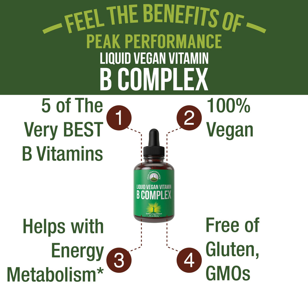 B Complex Liquid Drops Vegan Supplement. Best 5 B Vitamins with B3 Niacin, B6, B7 Biotin, B9 Folate, Methylcobalamin B12. B-Complex for Hair, Skin Nails, Energy. for Adults, Men, Women Peak Performance Au supplements