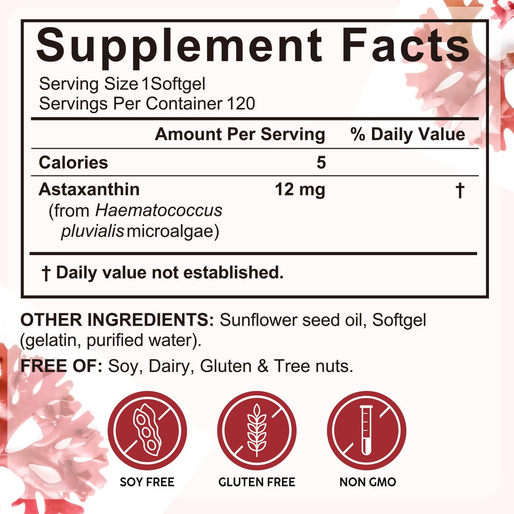 Xaarty Premium Astaxanthin 12mg, Natural Antioxidant Supplement for Eye, Joint, Skin Health,Microalgae Source, 4 Month Supply