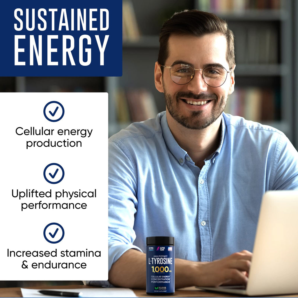 Alpha Flow L Tyrosine 1000MG Capsules - All-Natural L- Tyrosine Supplement for Focus & Energy Boost - Non-GMO & Gluten-Free