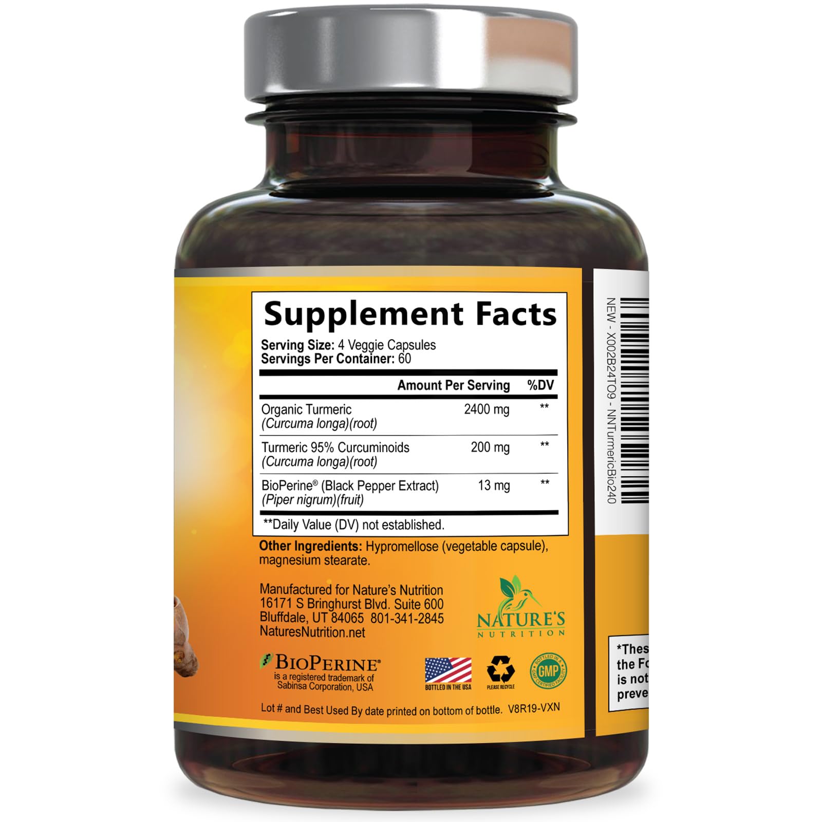 Turmeric Curcumin Supplement - 2400mg Organic Turmeric Per Serving - 95% Curcuminoids & BioPerine Black Pepper Extract for Best Absorption - Natural Vegan Joint Support