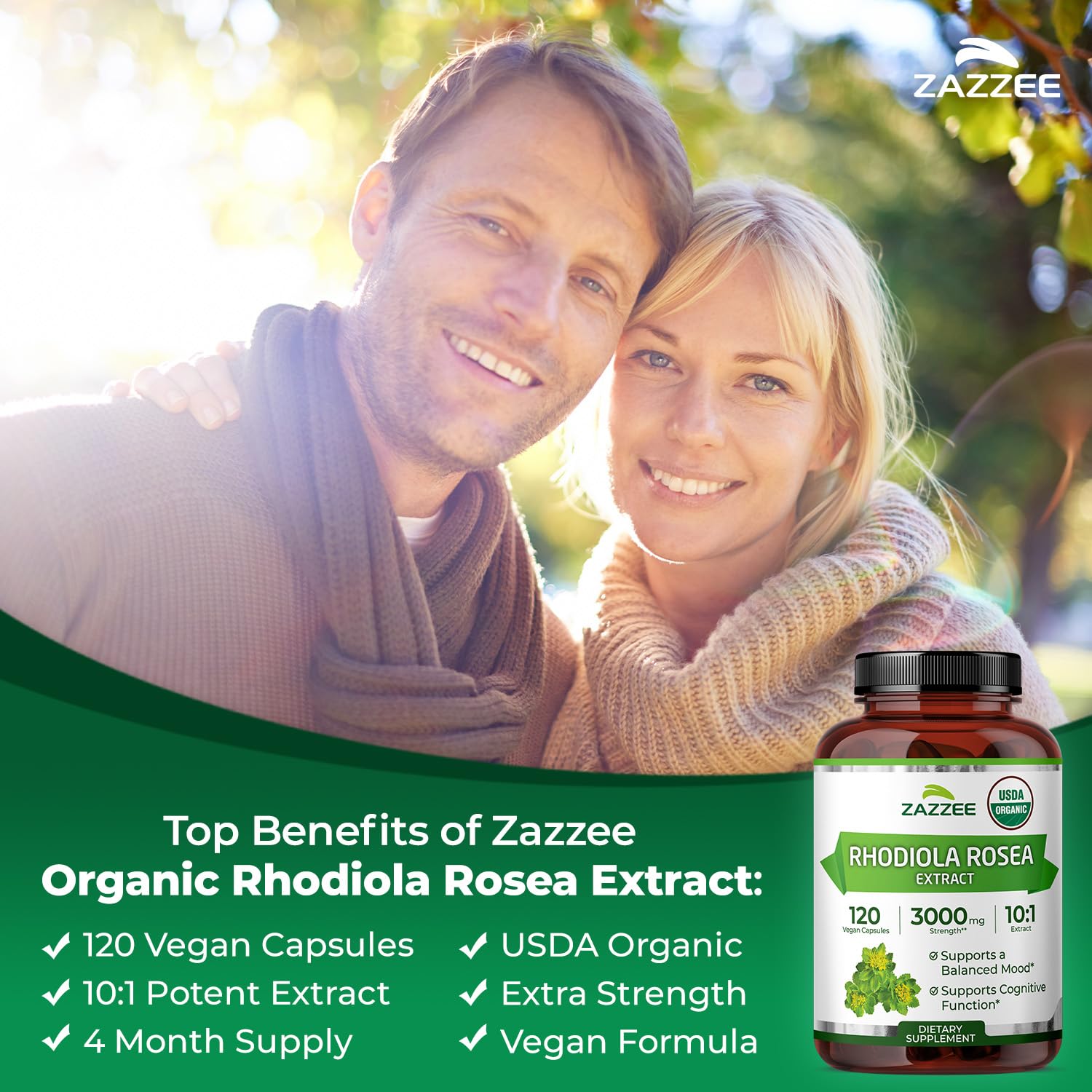Zazzee USDA Organic Rhodiola 10:1 Extract, 120 Capsules, 4 Month Supply, Rhodiola Rosea, Energy, Stress & Mental Focus Support, Concentrated 10X Extract