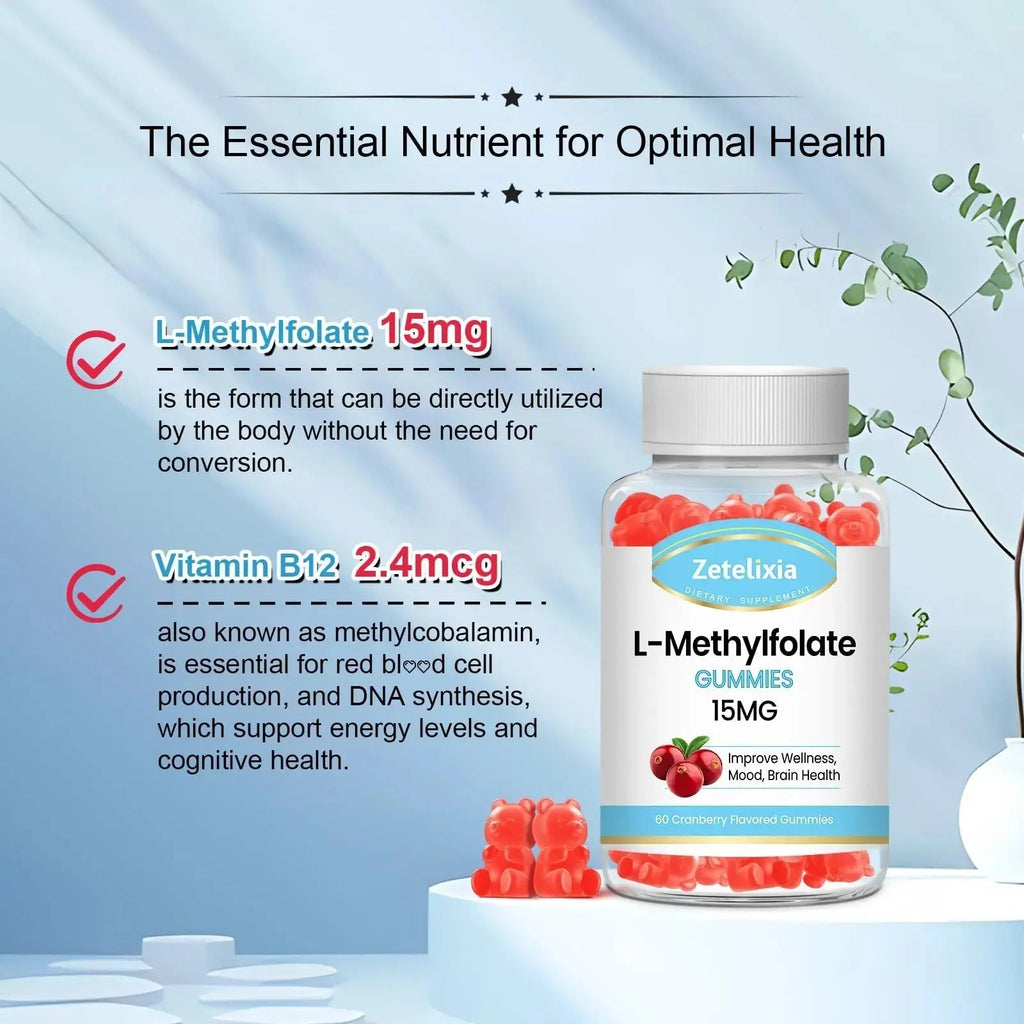 Zetelixia 2 Pack L-Methylfolate 15mg & Methyl B12 Gummies, Folate Supplement for Brain Health, Mood & Immunity, DNA Synthesis & Repair Zetelixia Au supplements
