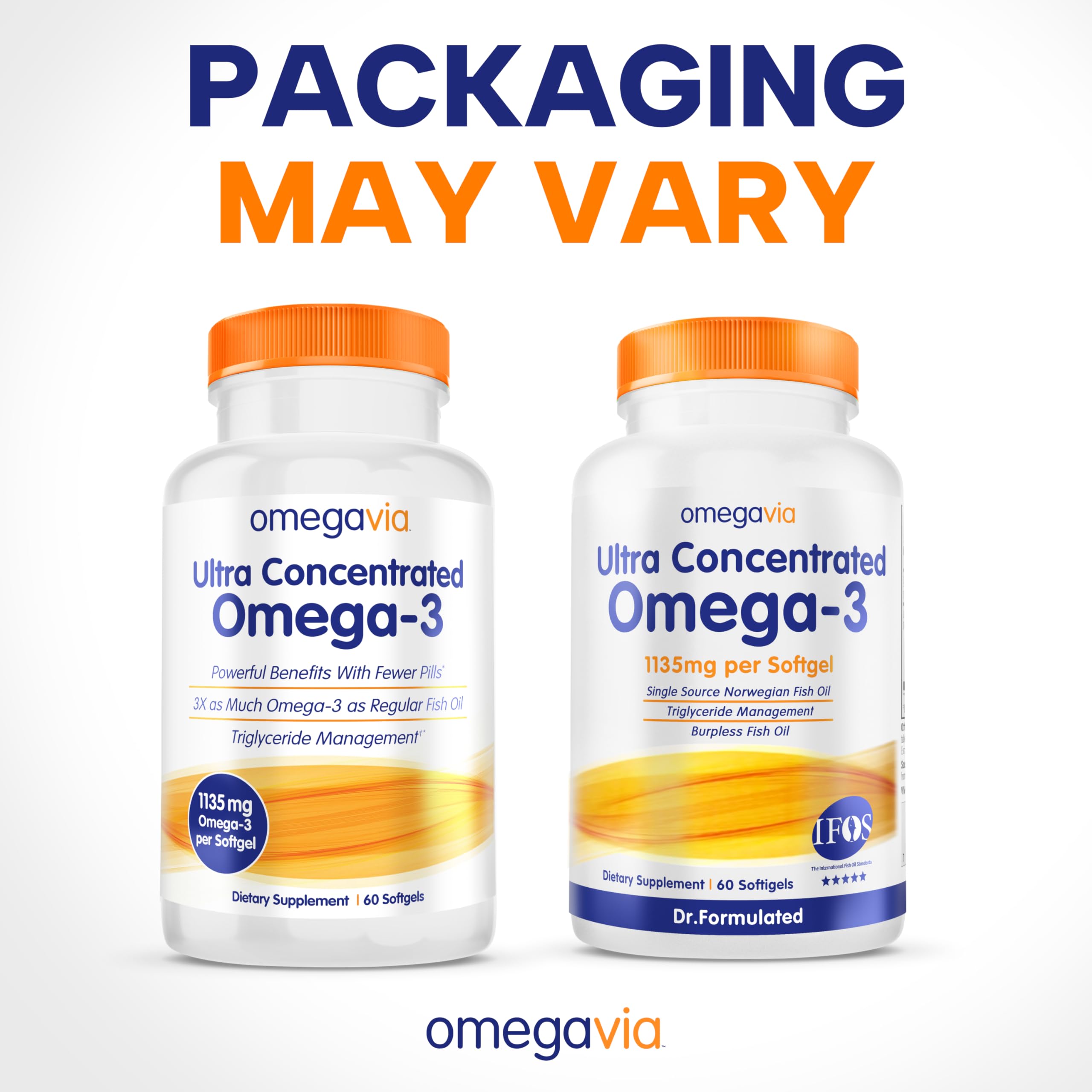 OmegaVia Ultra Concentrated Omega 3 Fish Oil Burpless, 60 Softgels, Triple Strength Omega 3 Fish Oil Supplements, 1135 mg Pure Omega3