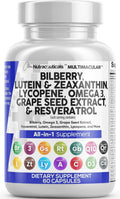 Clean Nutra Eye Vitamins with Bilberry Lutein and Zeaxanthin Supplements Lycopene 40mg Resveratrol Grape Seed Astaxanthin for Eyes - Eye Care Health Support Eye