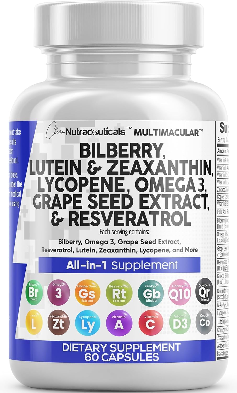 Clean Nutra Eye Vitamins with Bilberry Lutein and Zeaxanthin Supplements Lycopene 40mg Resveratrol Grape Seed Astaxanthin for Eyes - Eye Care Health Support Eye