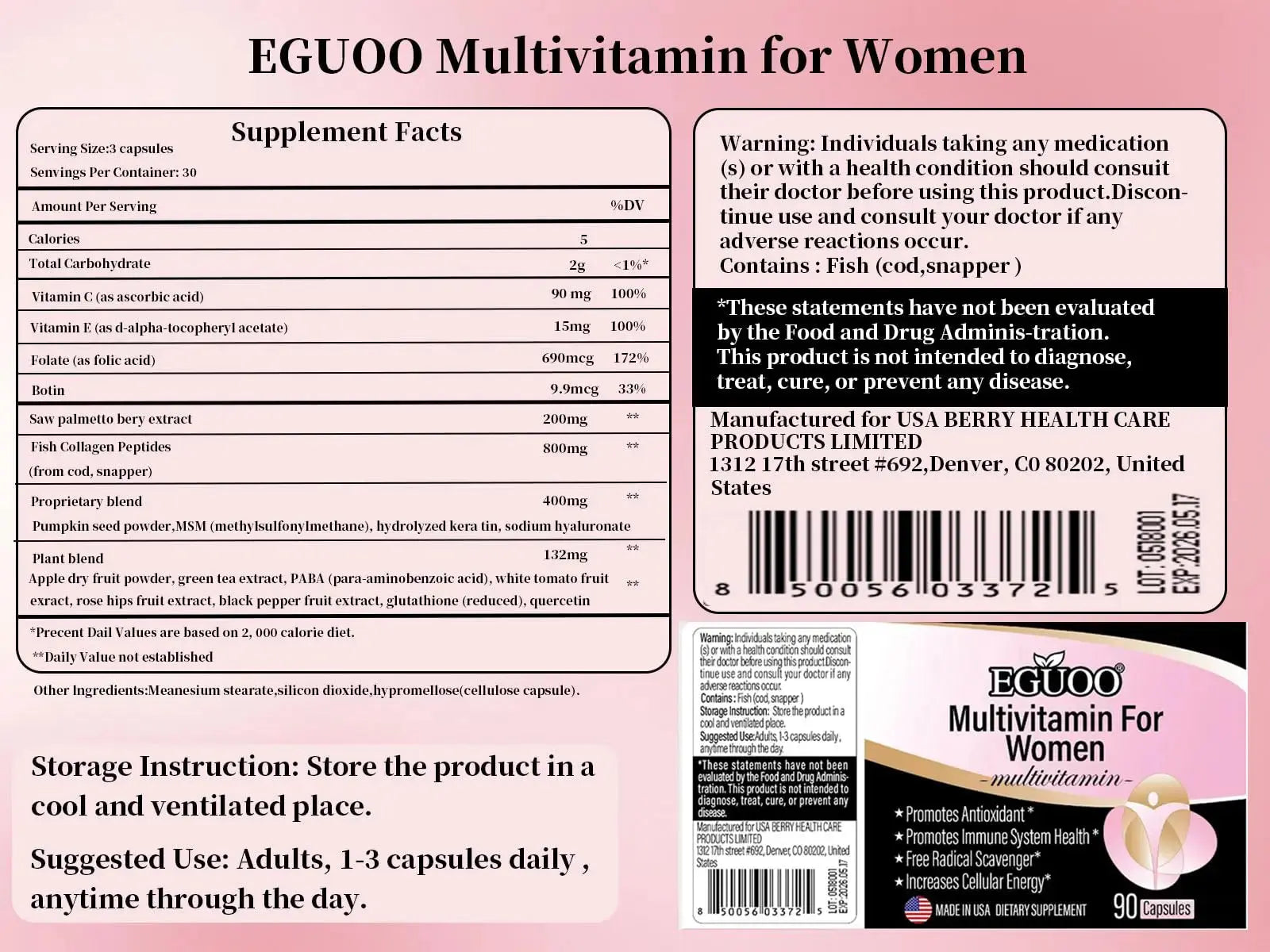 EGUOO Women’s Multivitamin 90 Capsules - Vitamin C, E, Biotin & Folic Acid for Energy, Immune Support, Brain, Heart, Eye & Bone Health EGUOO Au supplements