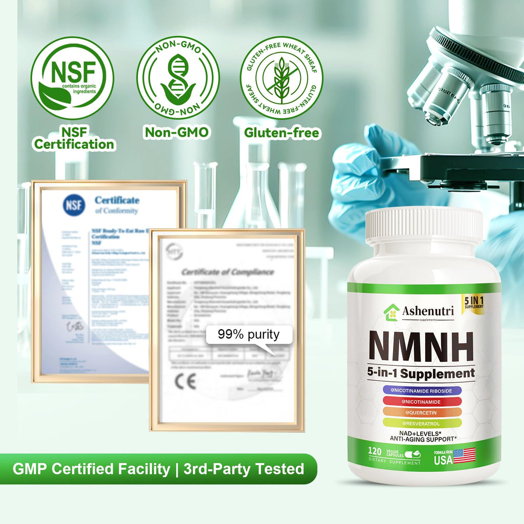 NMNH (Dihydronicotinamide Mononucleotide), NMN Alternative Supplement w/Niacinamide (Vitamin B3), Quercetin, Trans-Resveratrol, Support NAD+, Skin Cell Health*, Anti-Aging & Energy, 120 Caps Ashenutri Au supplements