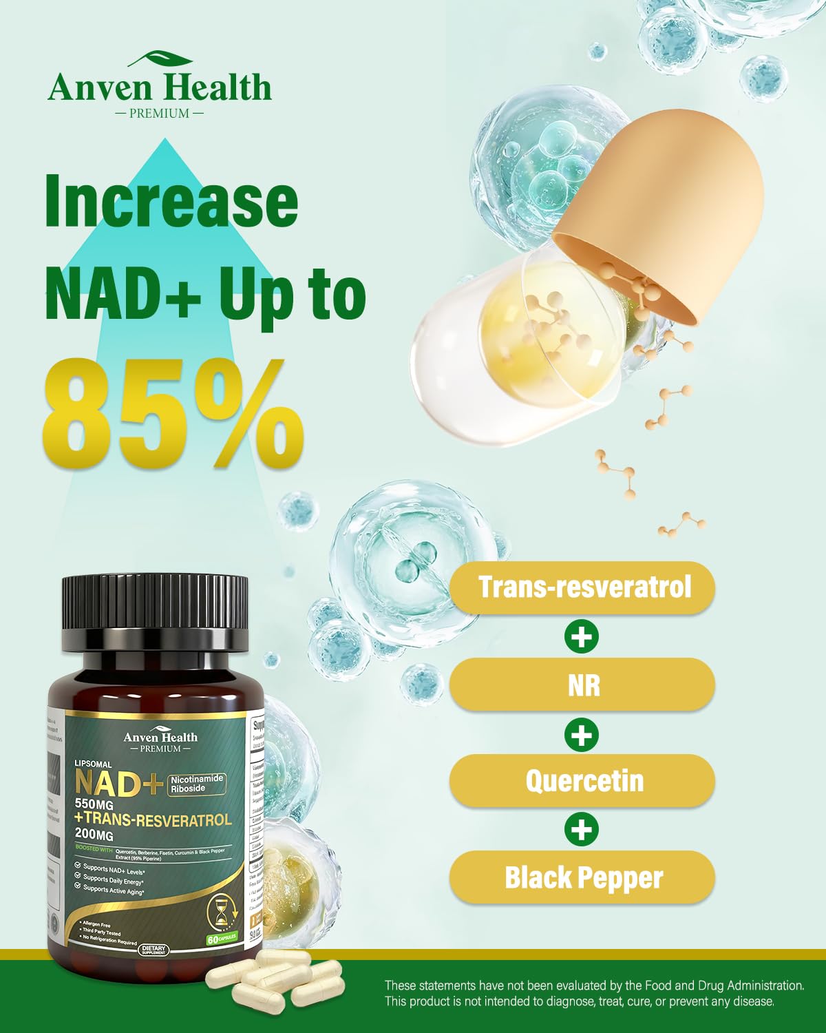 Anven Health Liposomal NAD+ Resveratrol Supplement - NMN Alternative with Trans-Resveratrol, Quercetin & Fisetin - NAD Plus for Women and Men, Cellular Energy & Healthy Aging, Non-GMO | 180 Capsules Anven Health Au supplements