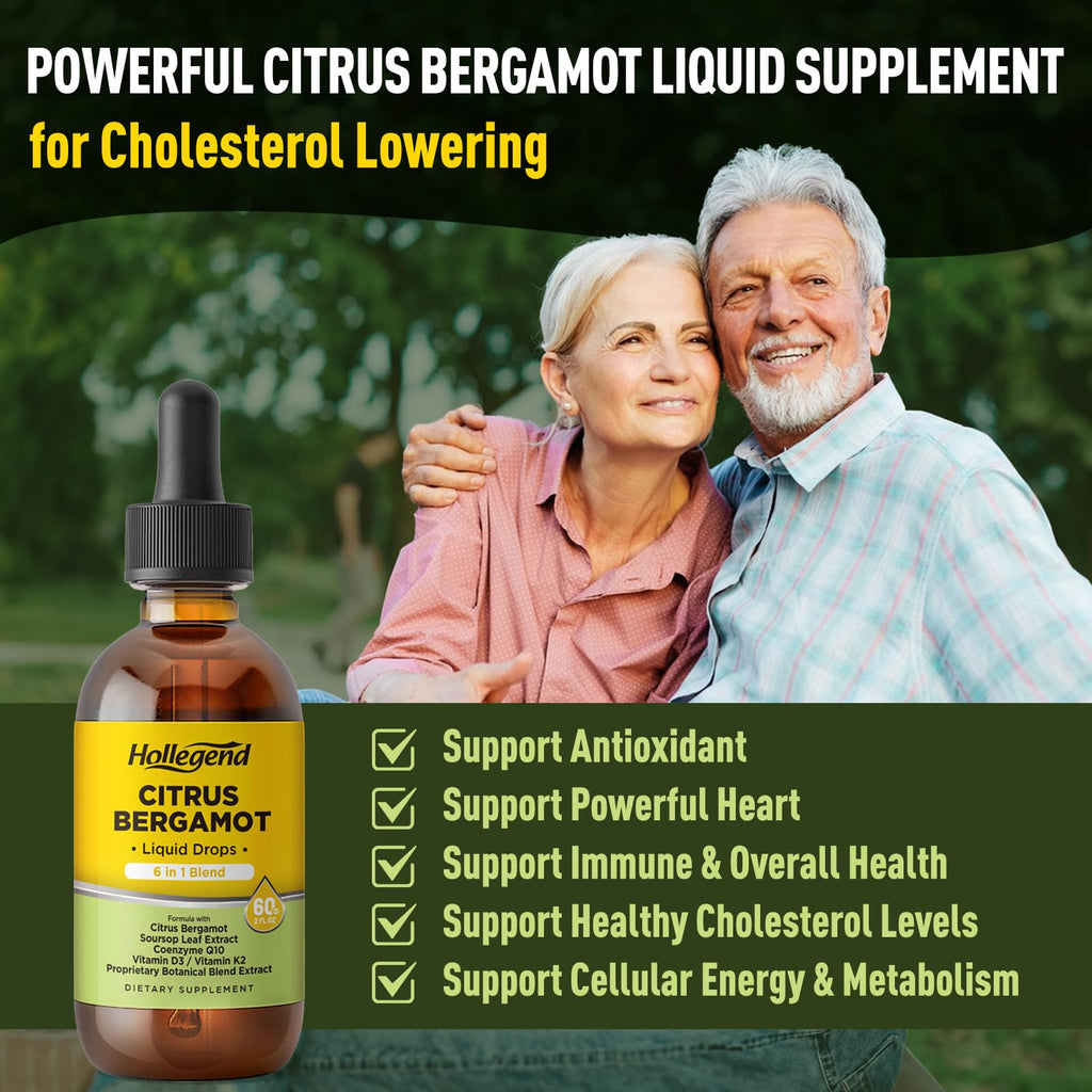 HOLLEGEND Citrus Bergamot Liquid Drops, Organic Citrus Bergamot 1000mg Supplement, Plus Soursop, CoQ10, Vitamin D3, K2,