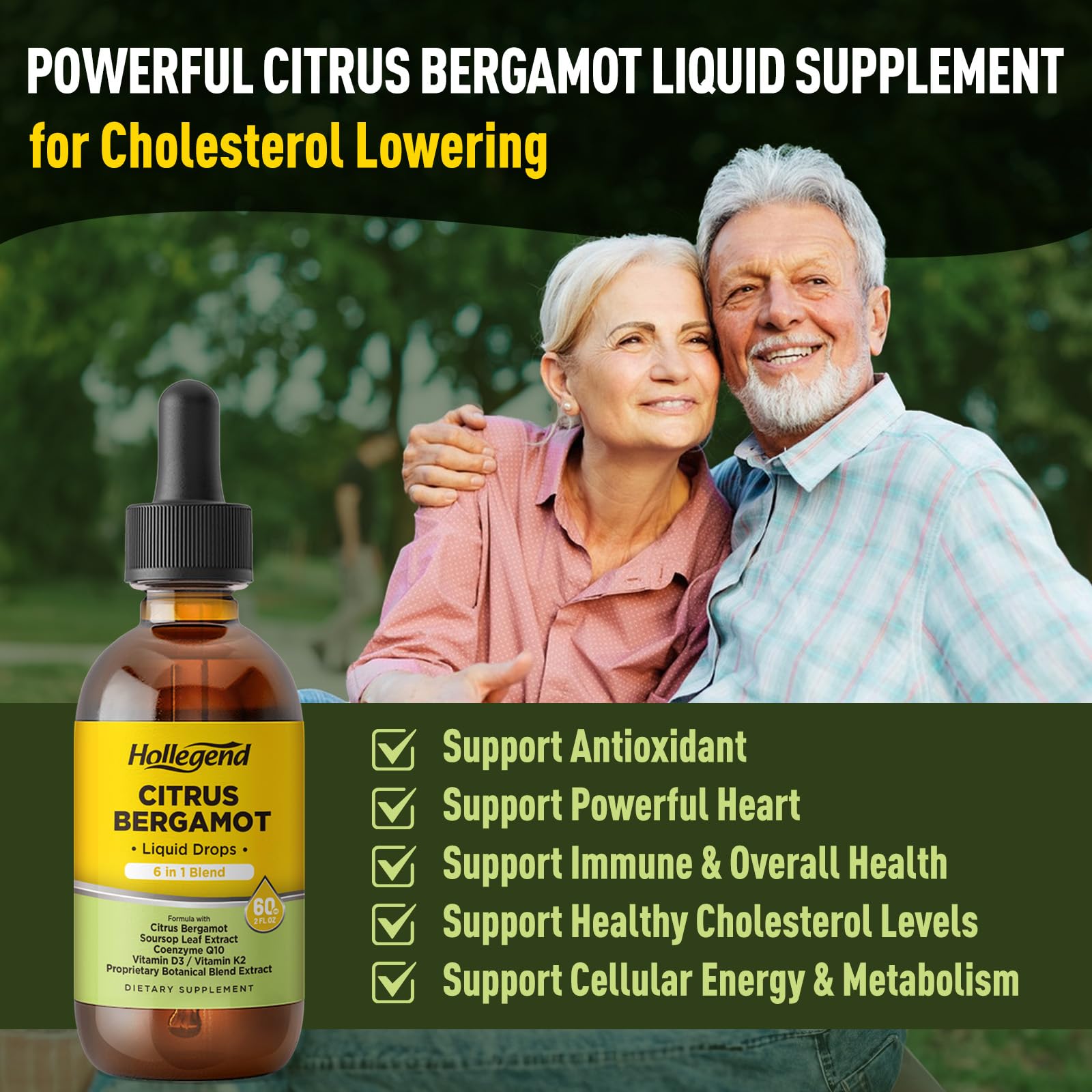 HOLLEGEND Citrus Bergamot Liquid Drops, Organic Citrus Bergamot 1000mg Supplement, Plus Soursop, CoQ10, Vitamin D3, K2,