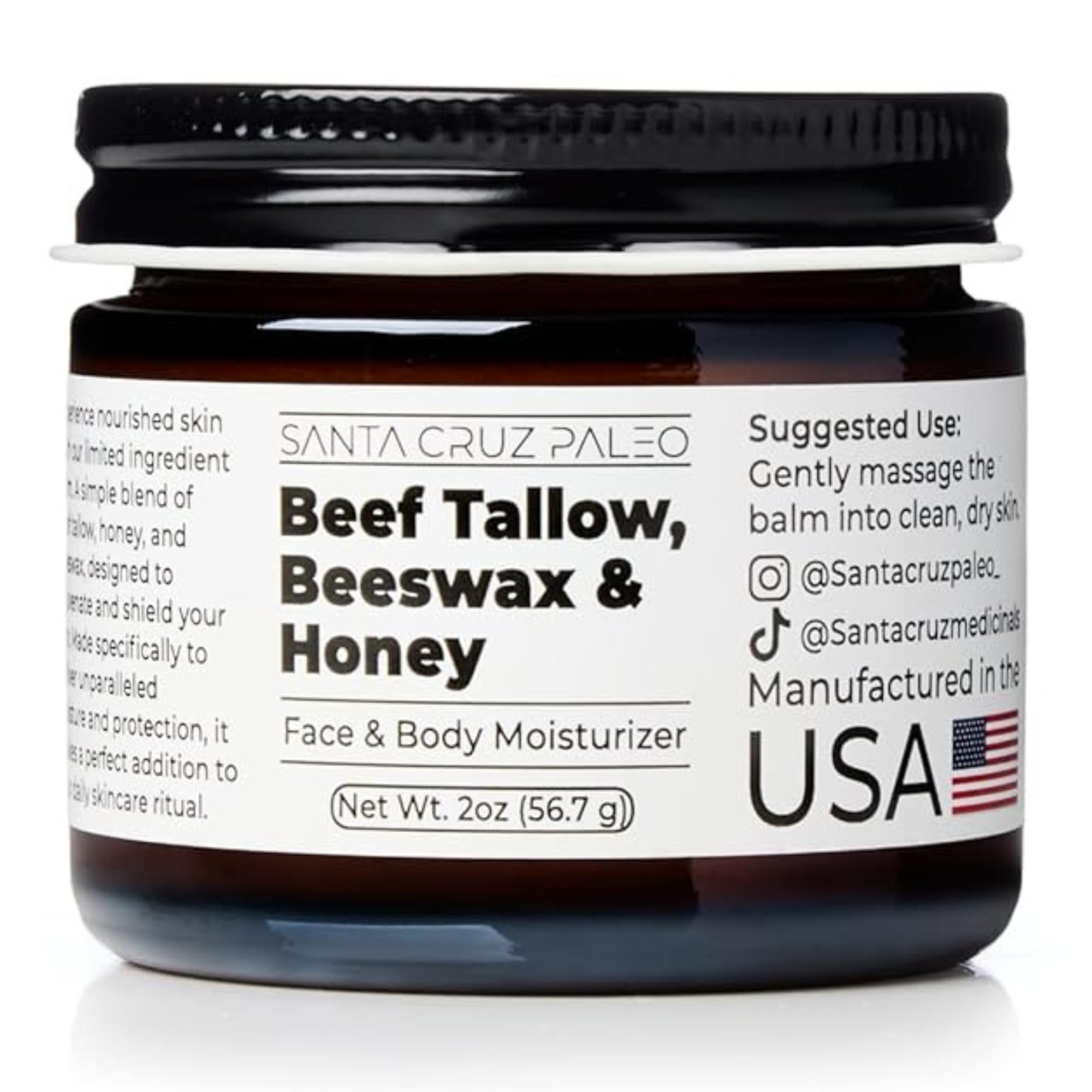Santa Cruz Paleo, Beef Tallow, Beeswax & Honey Face Moisturizer, Organic, Unscented Grassfed Beef Tallow Skin Care, Sunscreen Free