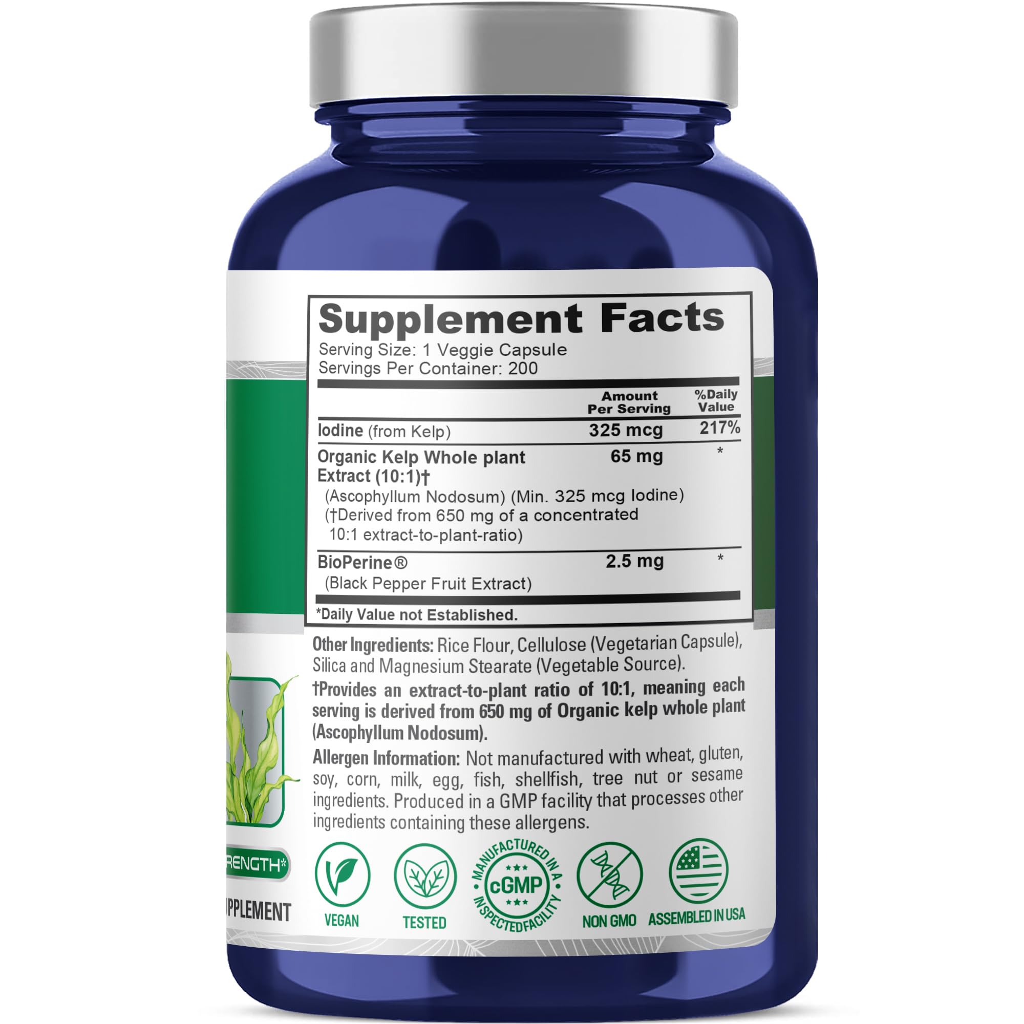 NusaPure Sea Kelp Natural Iodine 325mcg 10:1 Extract, 65 mg Equivalent to 650 mg Capsule 200 Count (Non-GMO, Vegan) NusaPure Au supplements