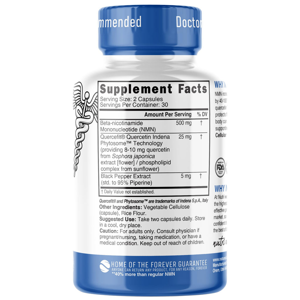 NMN Supplement 500mg NAD Supplement - Nutri Ultra High Absorption Stabilized NMN Nicotinamide Mononucleotide, 40% More NAD+ with Quercetin Phytosome & Black Pepper - mnm supplement (60 Capsules) Nature's Fusions Au supplements
