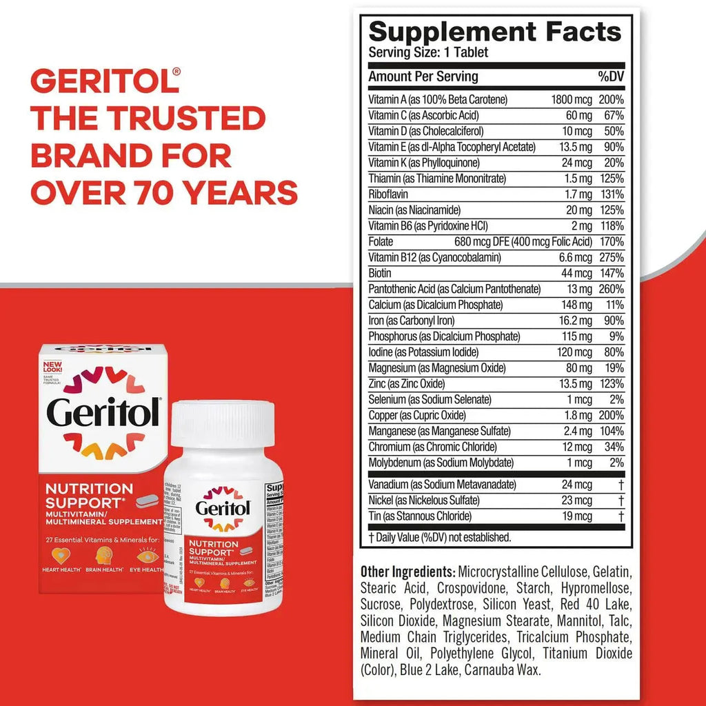 Geritol, Multivitamin Supplement, Contains Antioxidants, Vitamins B, C, E & D and Iron, 27, Minerals, Gluten-Free Geritol Au supplements