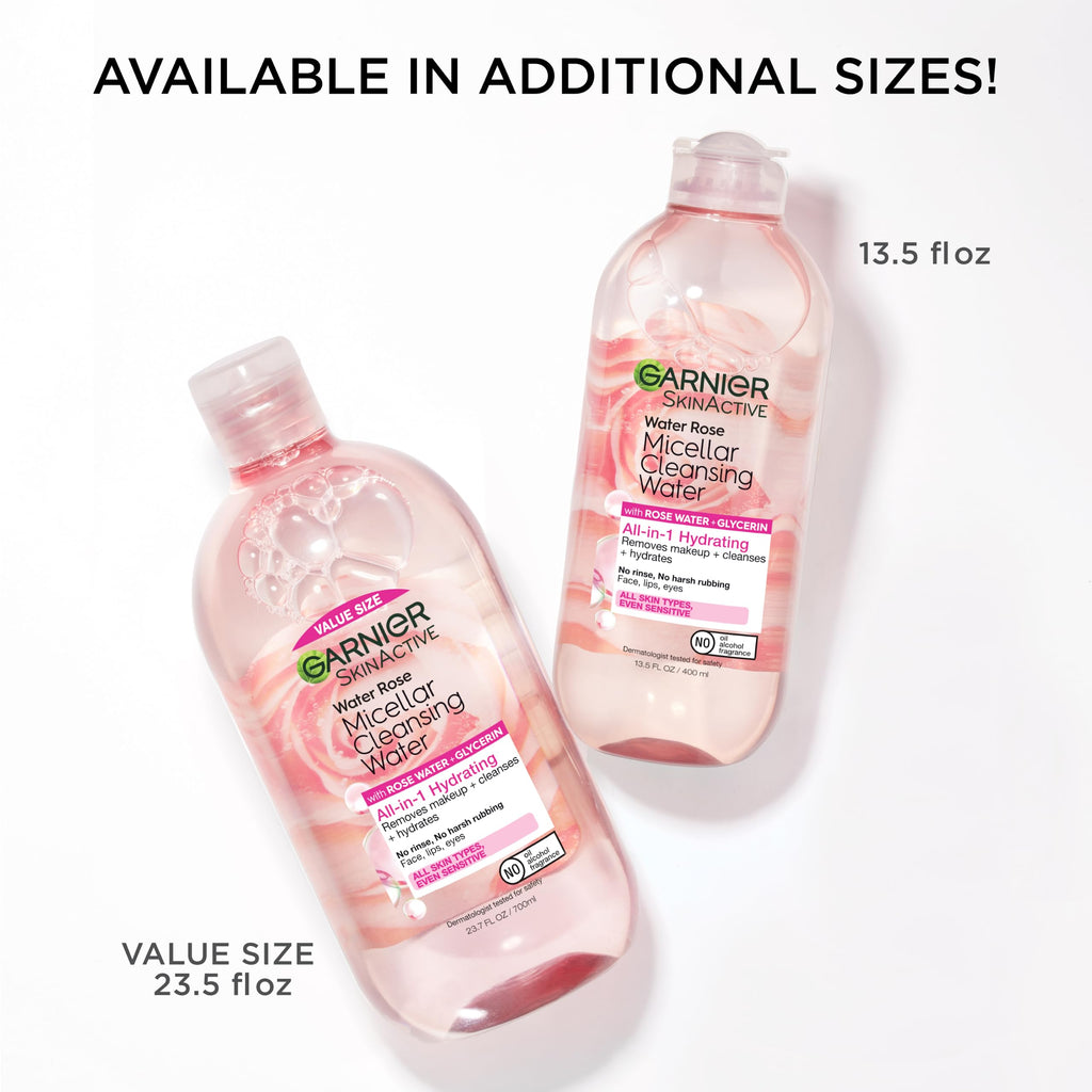 Garnier Micellar Water with Rose Water and Glycerin, Hydrating Facial Cleanser & Makeup Remover, For All Skin Types