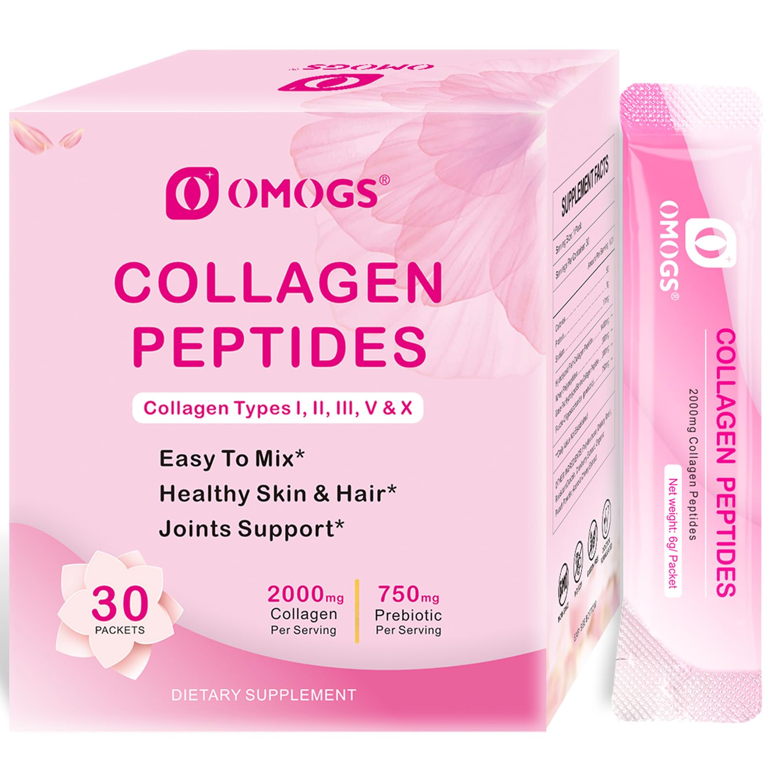 OMOGS Collagen Peptides Powder, with Prebiotics & Cranberry Extract -Hydrolyzed Collagen Peptides Support Hair, Skin, Nail, Bone & Digestive Health