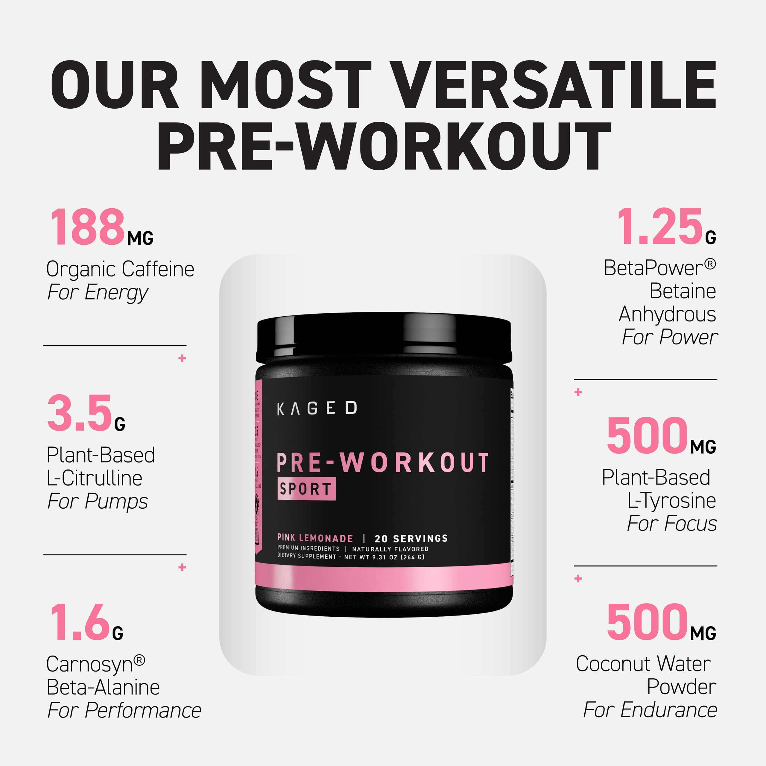 Kaged Sport Pre Workout Powder for Men & Women, Pink Lemonade, Sport Certified, 188mg Caffeine, Nitric Oxide, Beta Alanine, 20 Servings