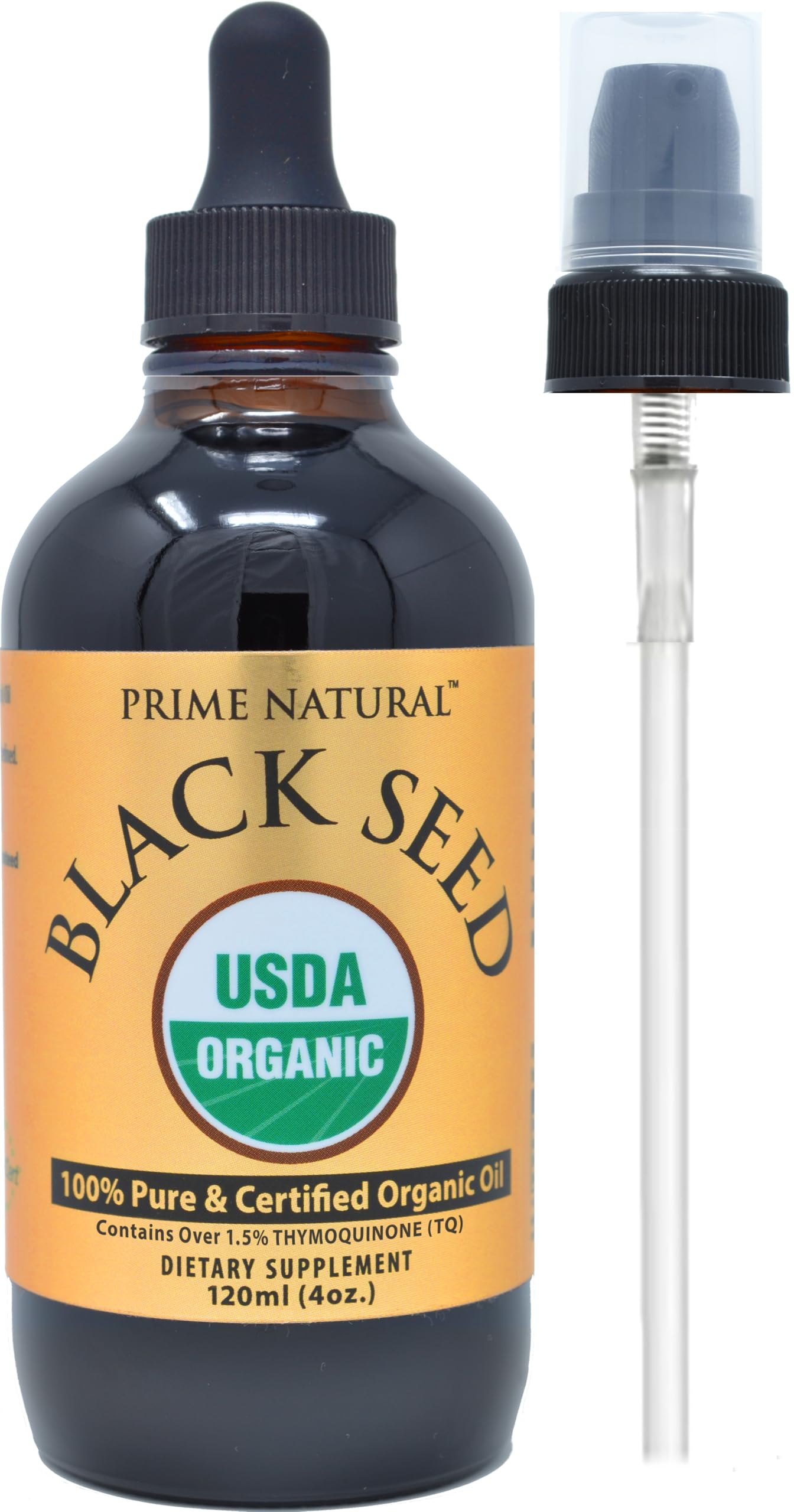 Prime Natural Organic Black Seed Oil 4oz - Cold Pressed Unrefined High Thymoquinone 1.7% USDA Certified - Turkish Origin Potent Nigella Sativa Liquid