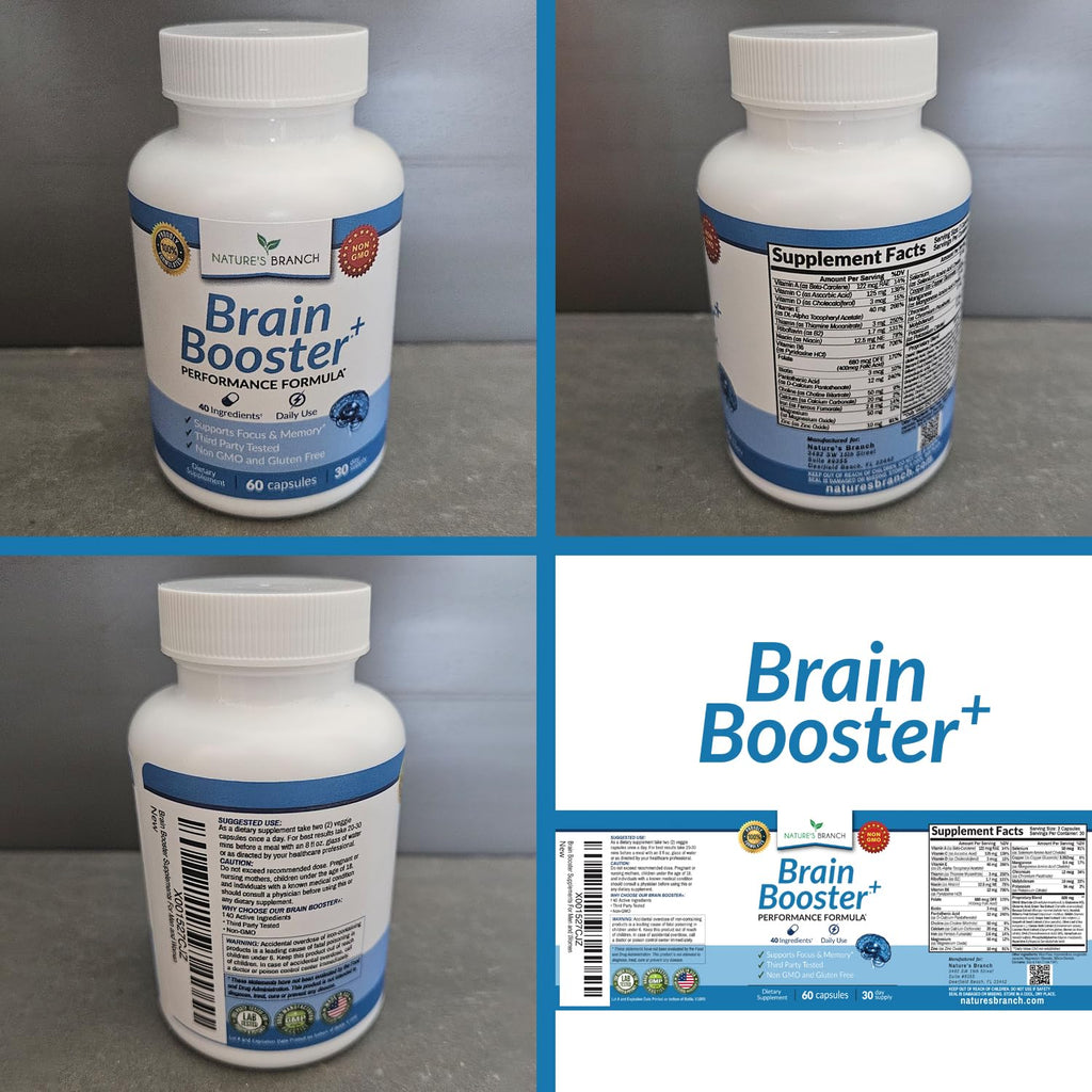 40-in-1 Brain Booster Supplement for Focus, Memory, Clarity, Energy | Advanced Vitamins Plus eBook | for Men & Women, Cognitive Function Nootropic Support with DMAE, Mind Health Formula | 60 Capsules NATURE'S BRANCH Au supplements