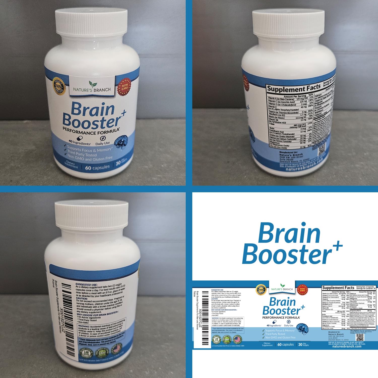 40-in-1 Brain Booster Supplement for Focus, Memory, Clarity, Energy | Advanced Vitamins Plus eBook | for Men & Women, Cognitive Function Nootropic Support with DMAE, Mind Health Formula | 60 Capsules NATURE'S BRANCH Au supplements