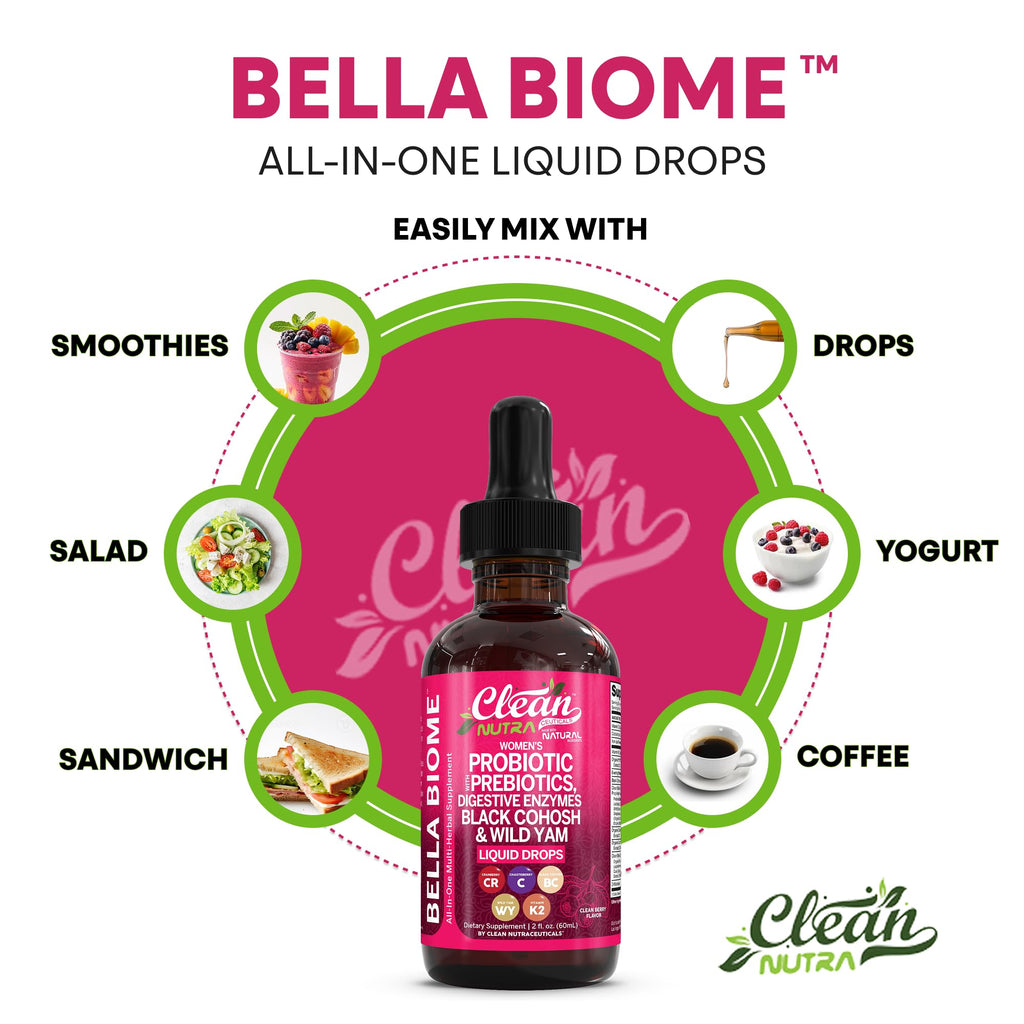 Liquid Probiotics for Women Drops with Chasteberry, Black Cohosh, Prebiotics, Digestive Enzymes, Evening Primrose Oil, Wild Yam, Cranberry Dmannose and Iron Vitamin D3 K2 Clean Nutra Bella Biotics Clean Nutraceuticals Au supplements