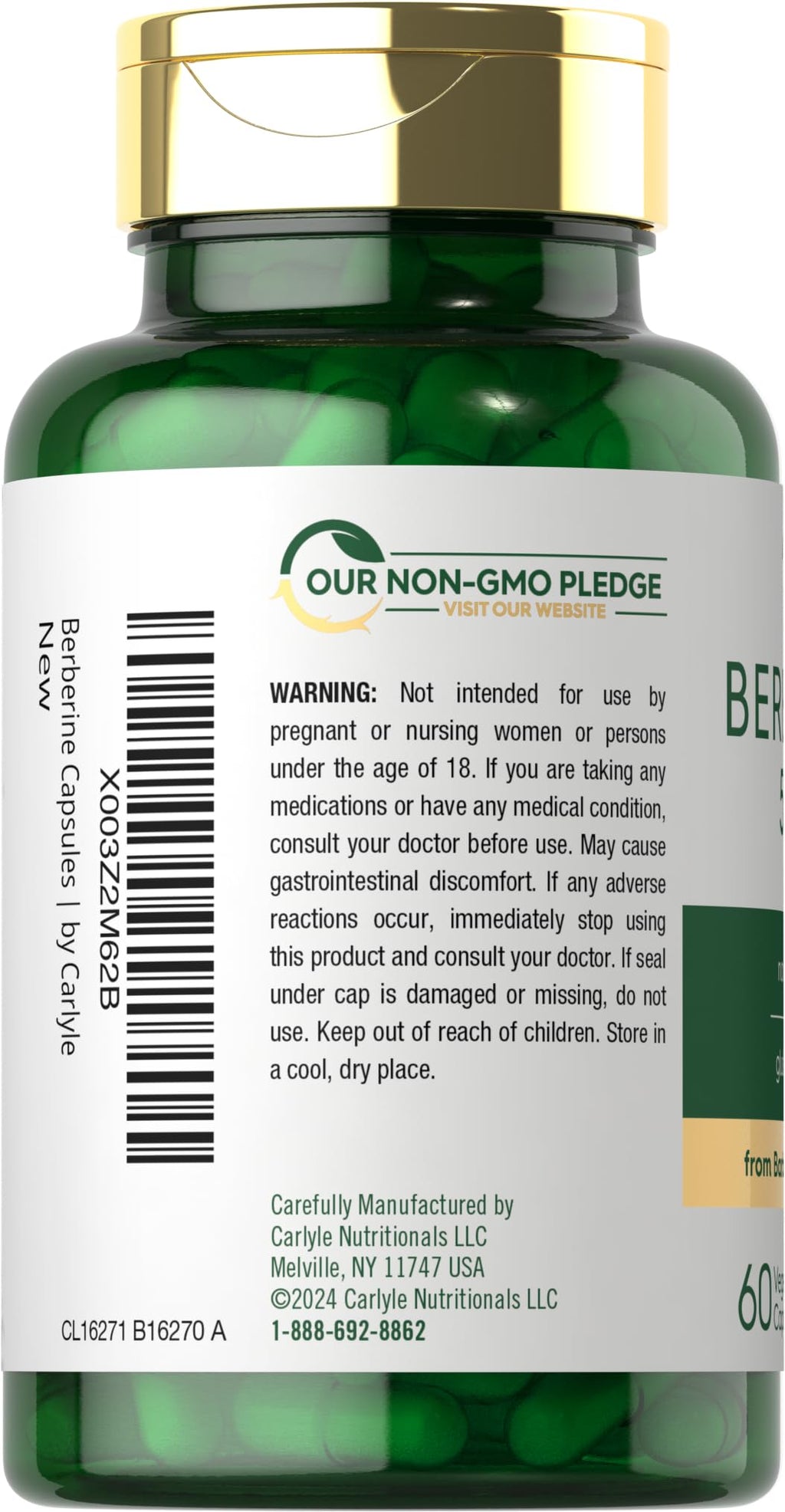Carlyle Berberine HCL Supplement | 500,000mcg | 60 Capsules | Vegetarian, Non-GMO, Gluten Free
