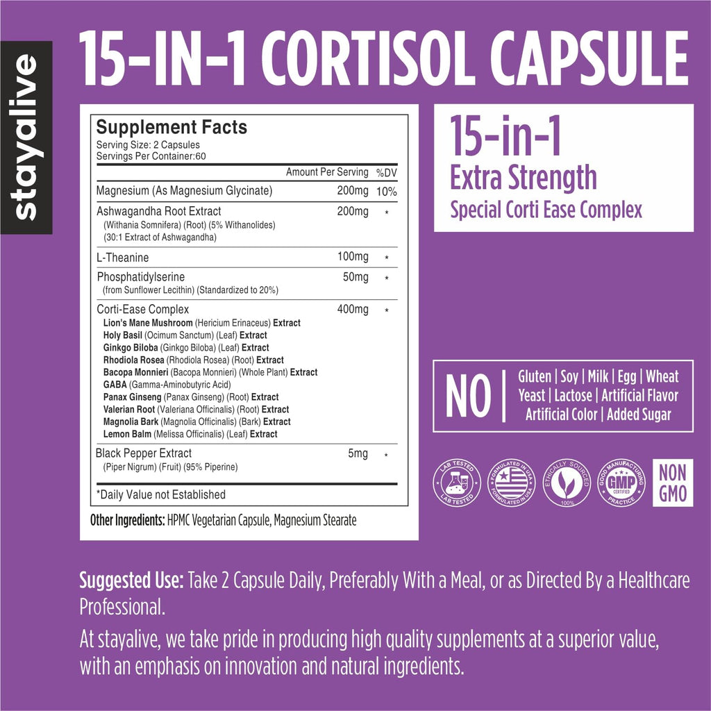 STAY ALIVE Cortisol Manager Supplement 15-in-1 Complex w/L-Theanine, Ashwagandha, Magnesium Glycinate, Phosphatidylserine and More, 120 Veg Capsules, Non-GMO & Gluten-Free Formula for Women and Men STAY ALIVE Au supplements